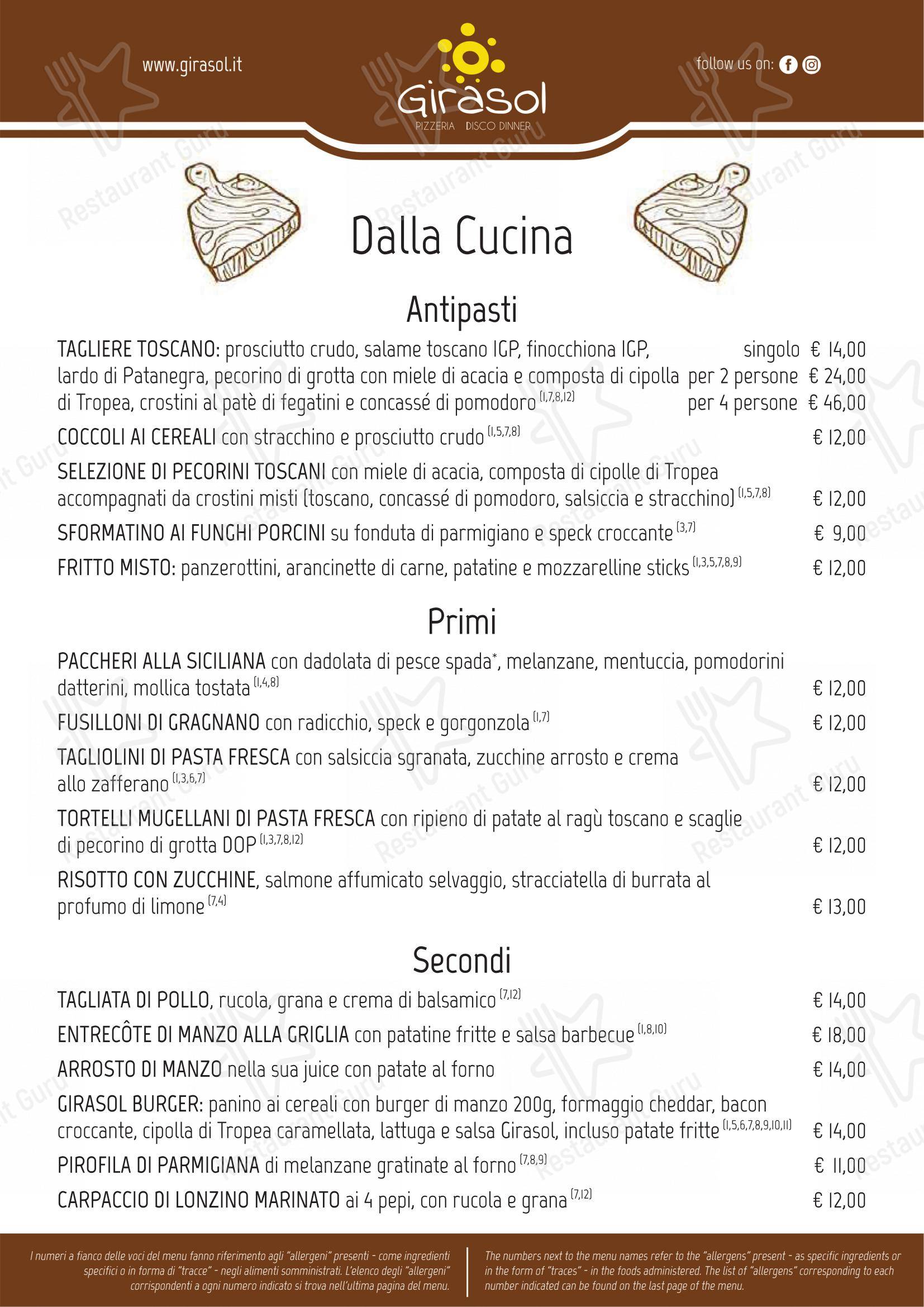 Основное меню per Pizzeria Ristorante Girasol pizzeria