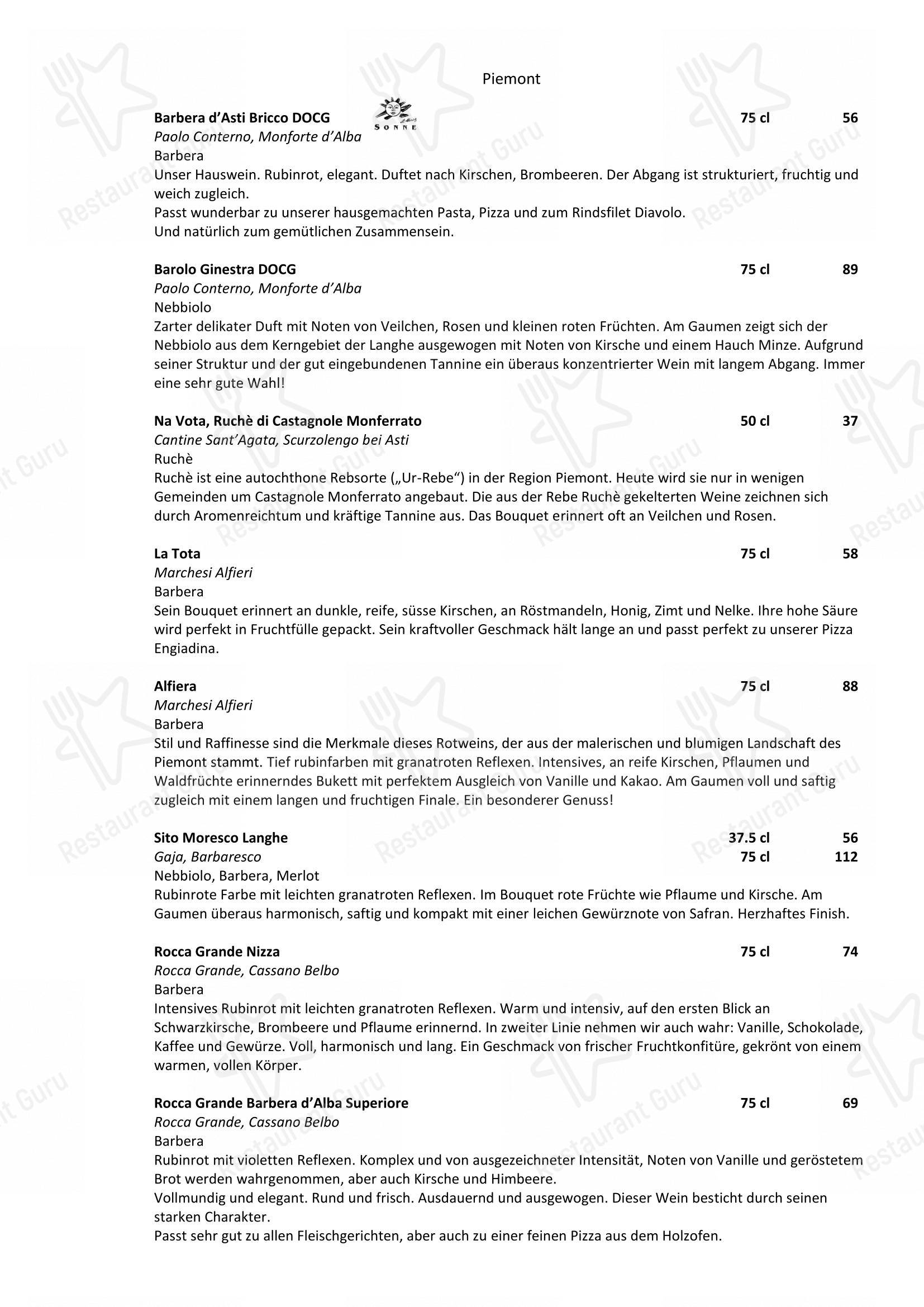 Menu bar per Restaurant Sonne pizzeria