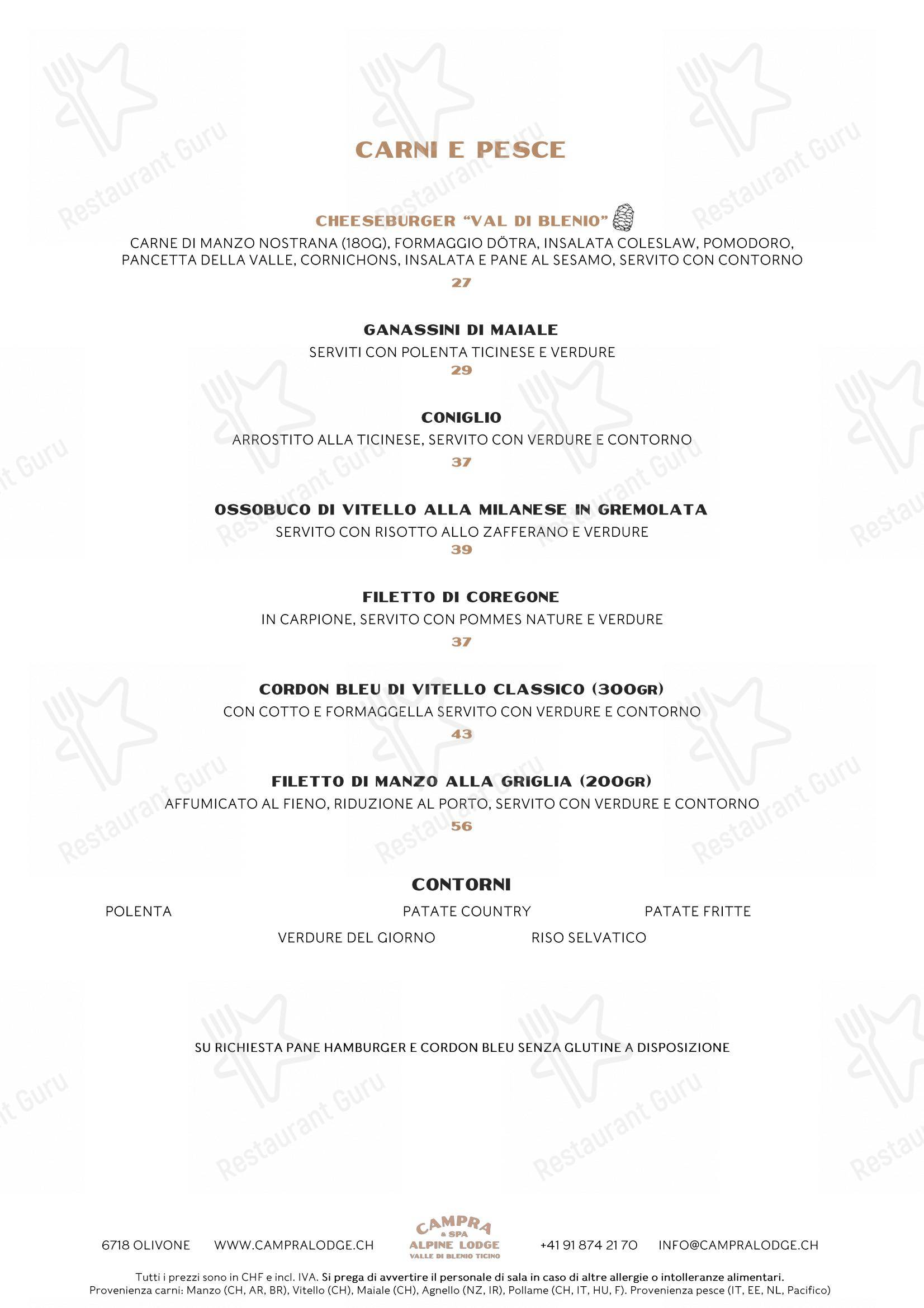 Menu bar per Ristorante Campra Il Ritrovo in Blenio