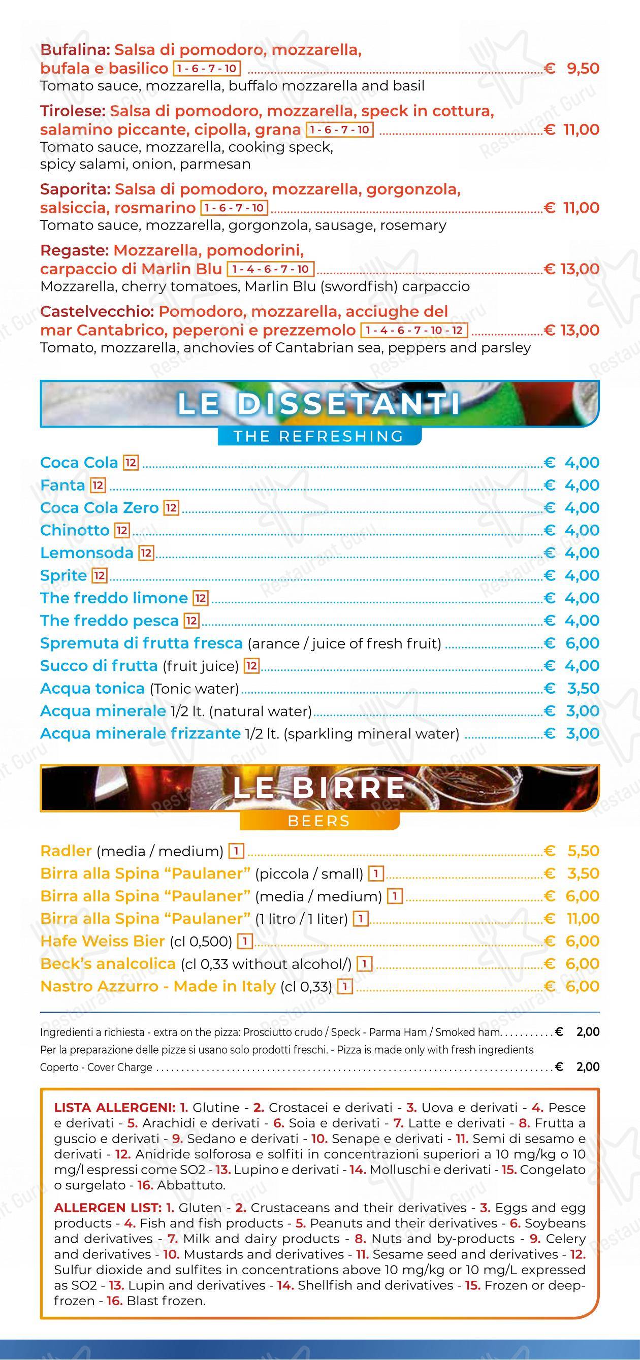 Menu per Ristorante Nastro Azzurro in Verona