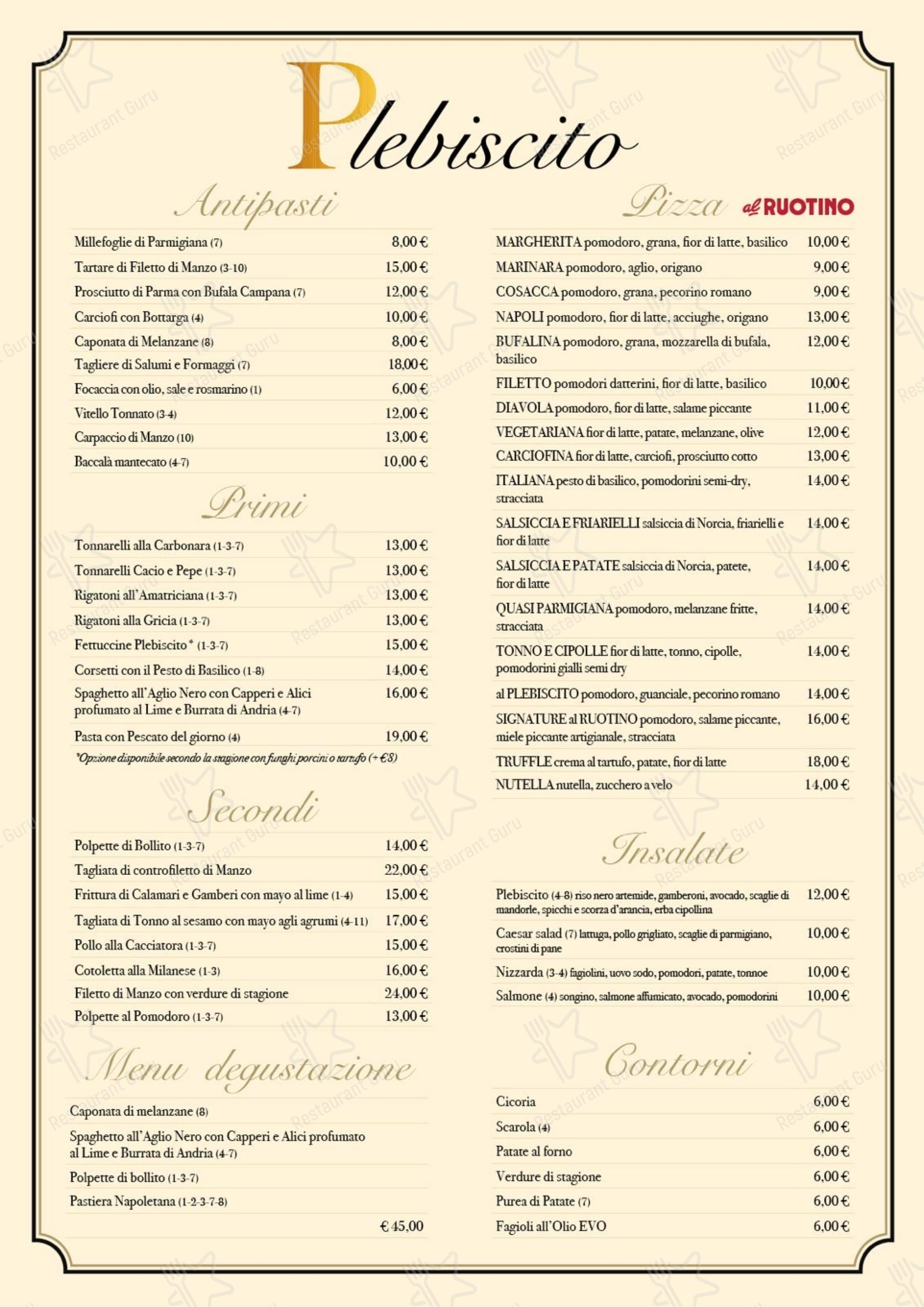 Основное меню per Ristorante Plebiscito in Roma