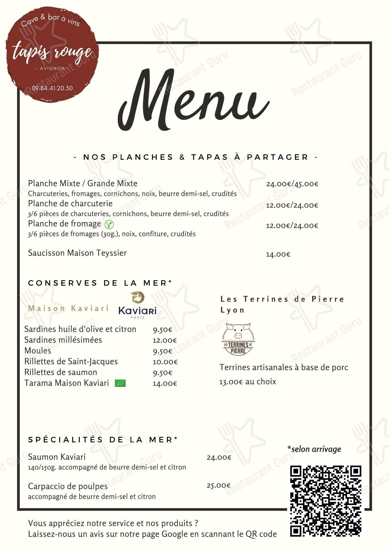 Menu pour TAPIS ROUGE - Menu