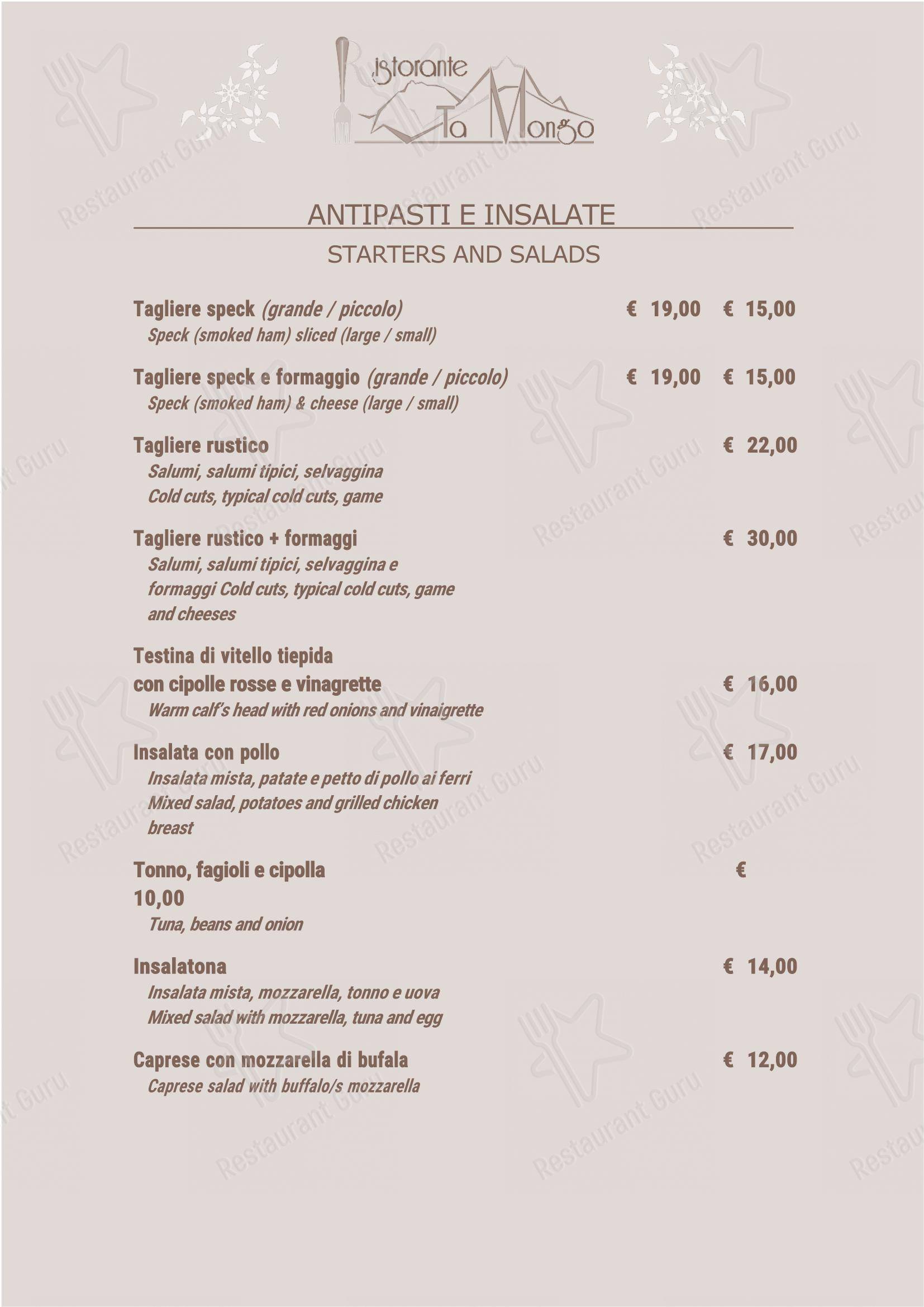 Menu per Ta Mongo ristorante