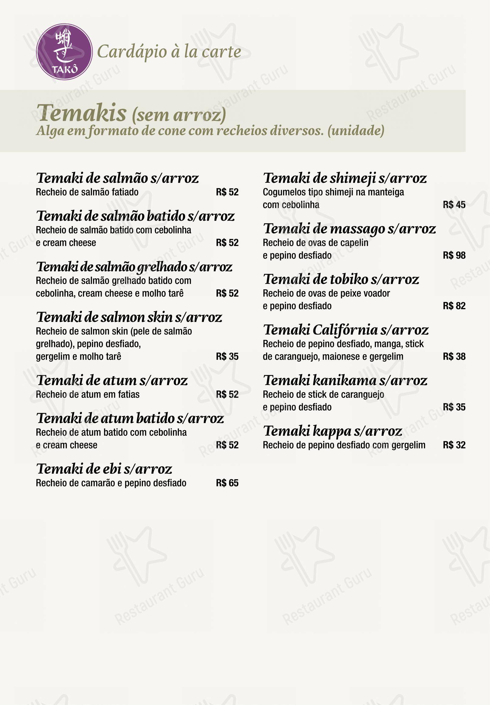 Menu para Takô restaurante