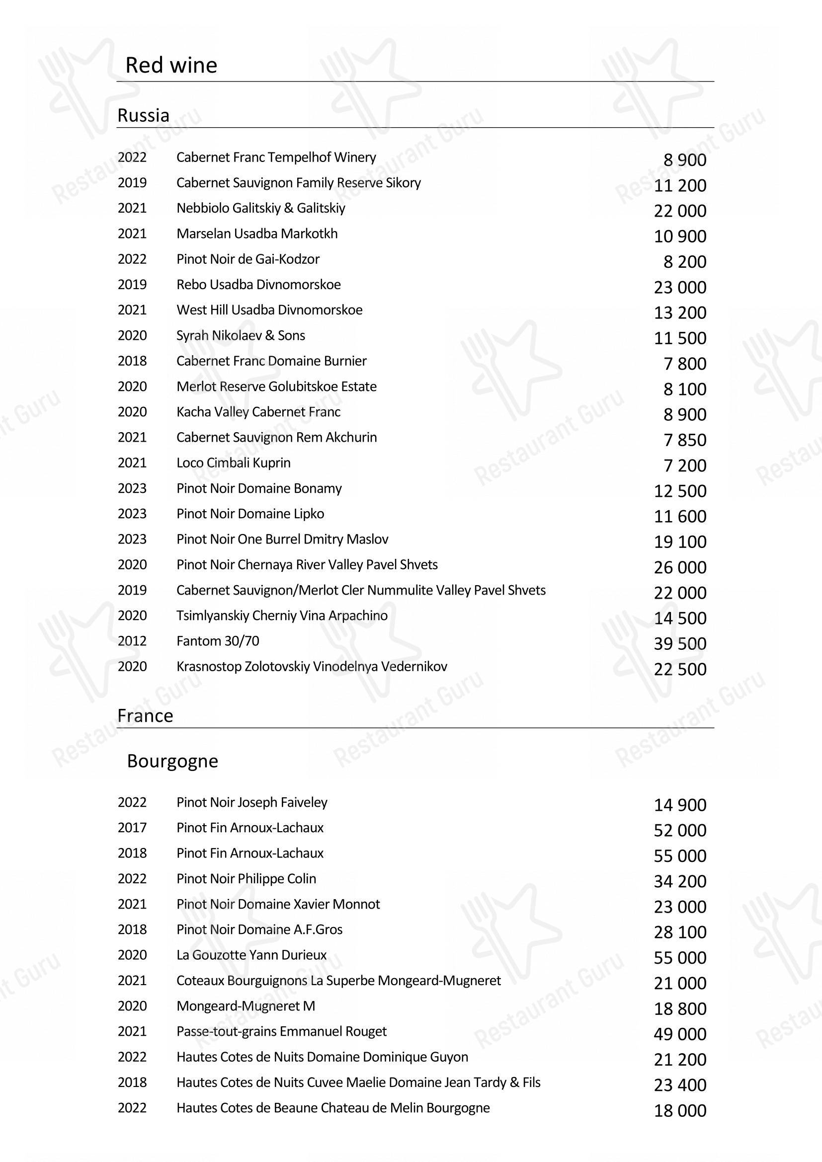 Turandot dans Moscou - Wine Menu