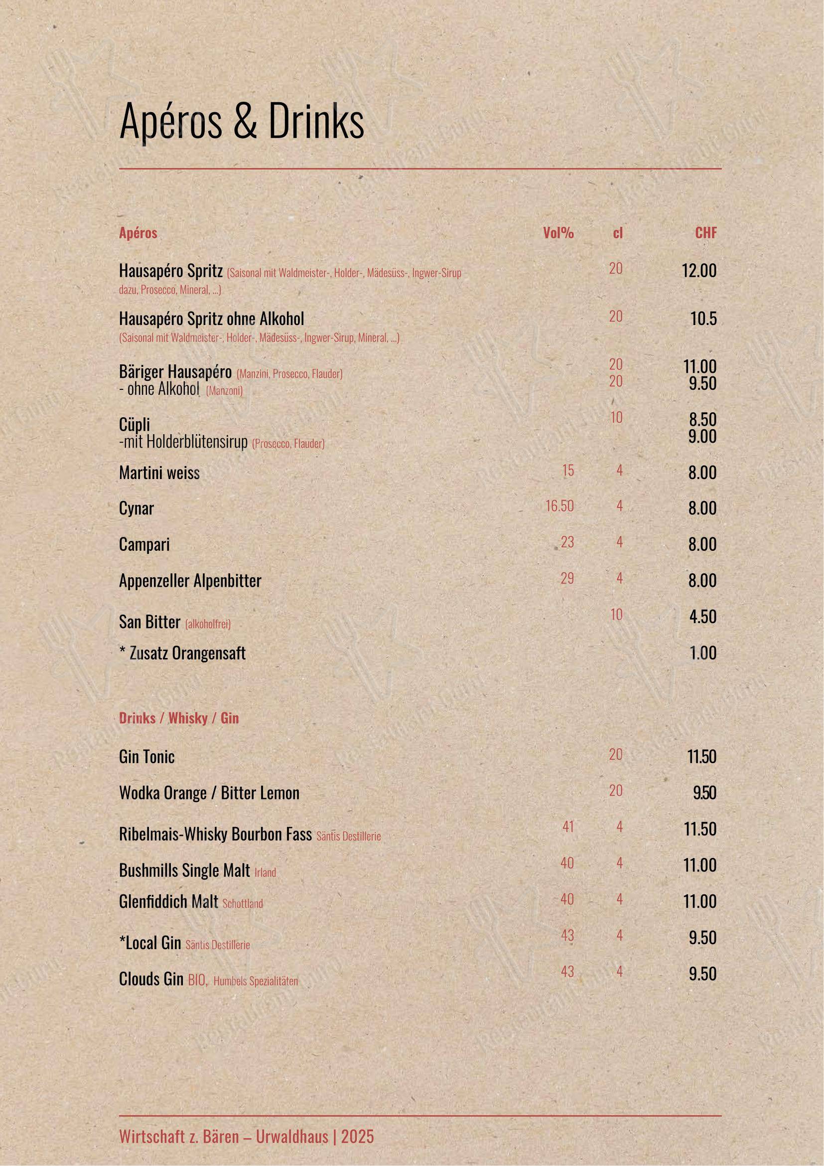Menu bar per Urwaldhaus – Wirtschaft zum Bären in Rehetobel