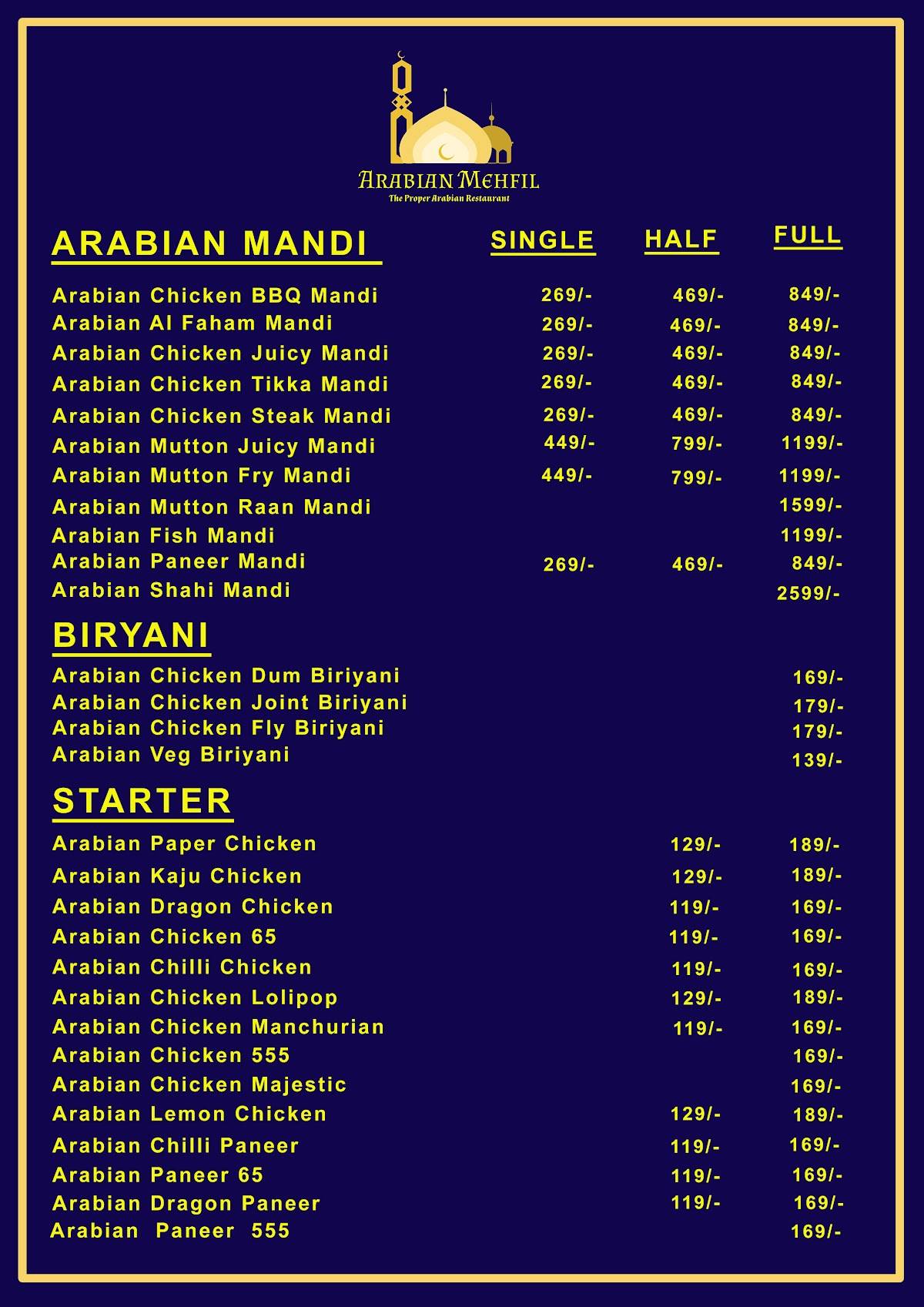 ARABIAN MEHFIL menu
