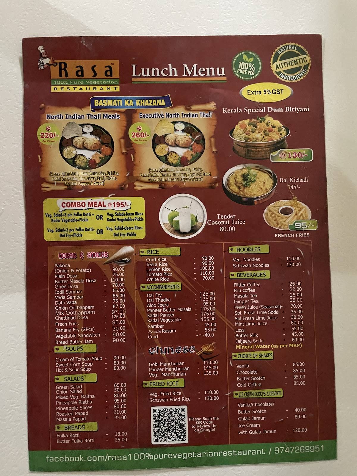 RASA PURE VEG HOTEL menu