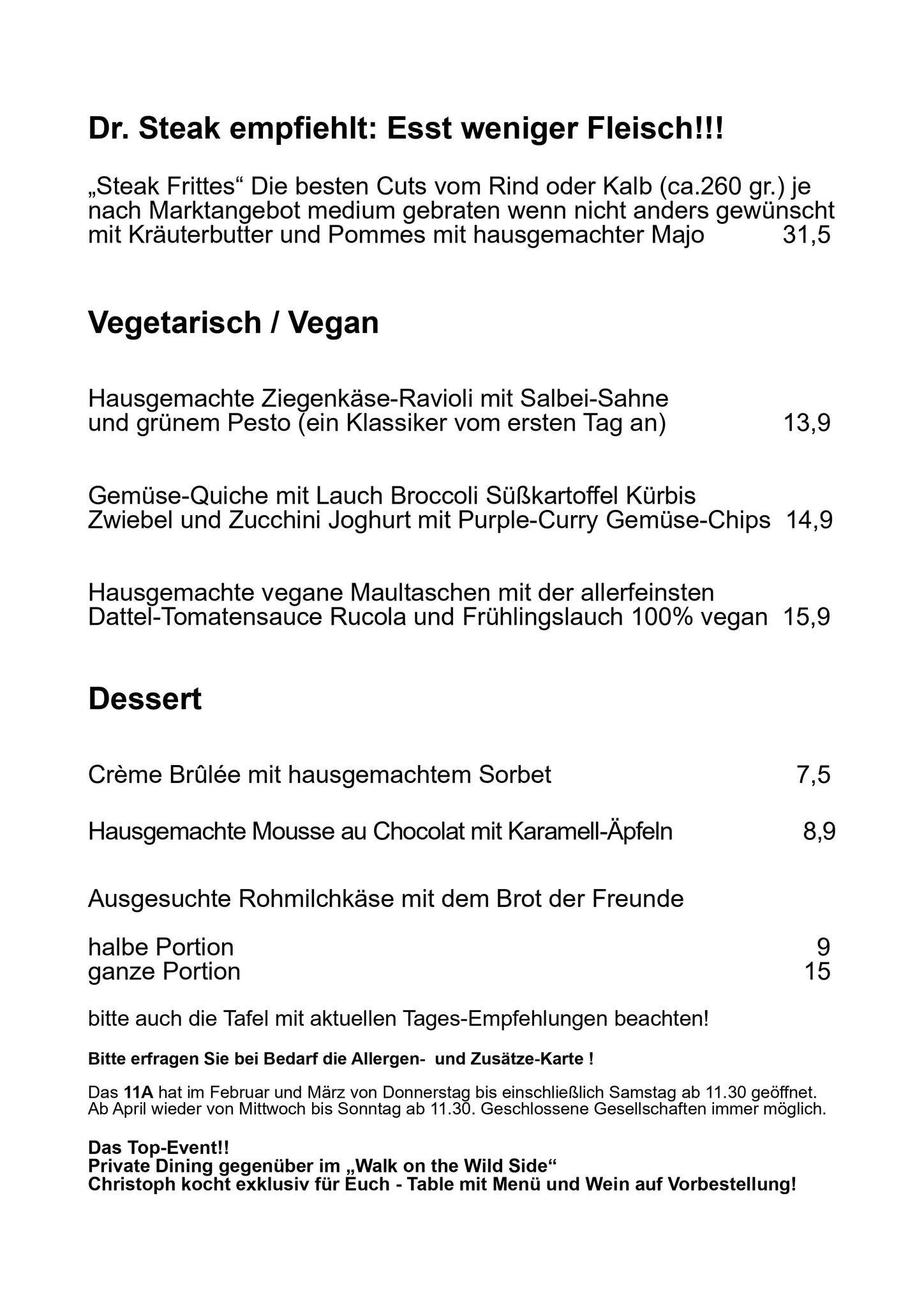 Speisekarte von 11A Küche mit Garten restaurant, Hannover