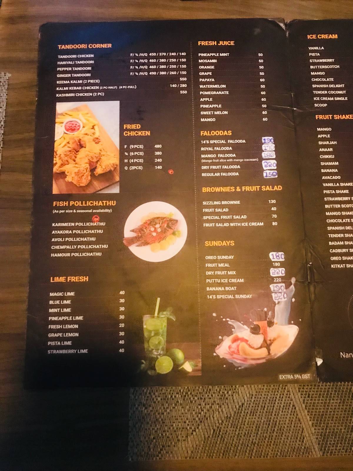 14's Restaurant menu