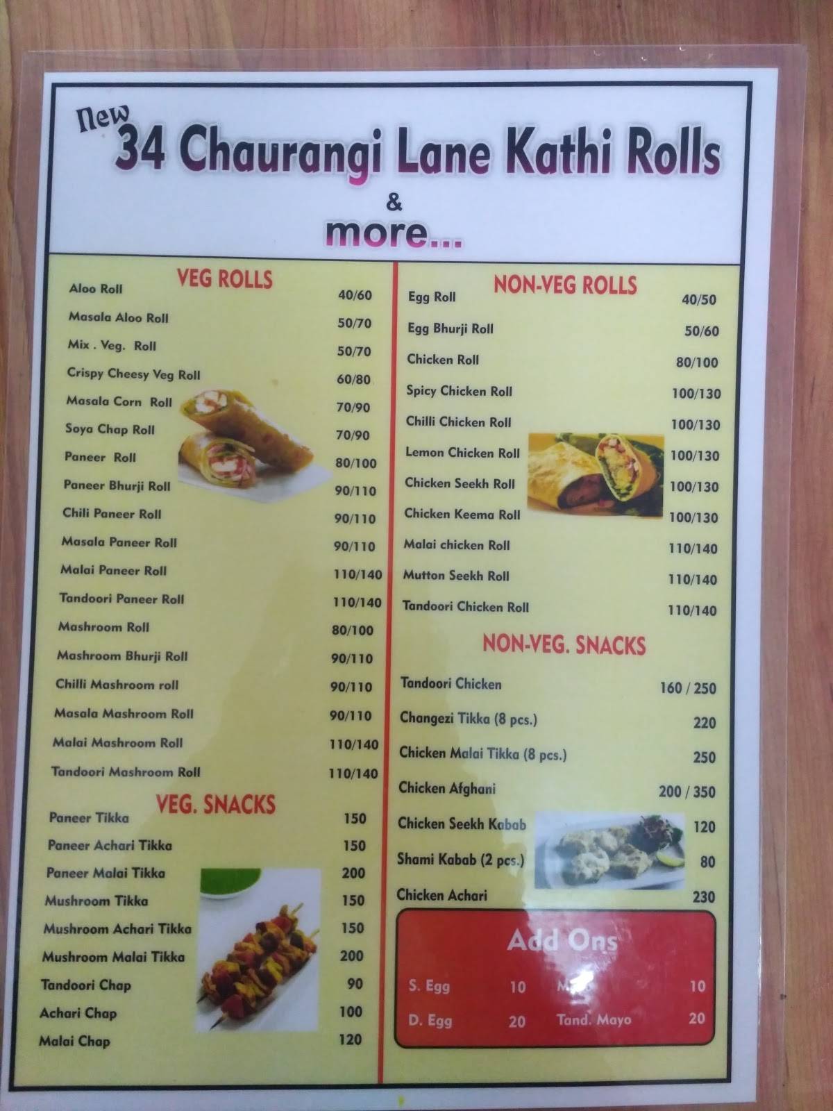 34 Chaurangi Lane Kathi Rolls menu