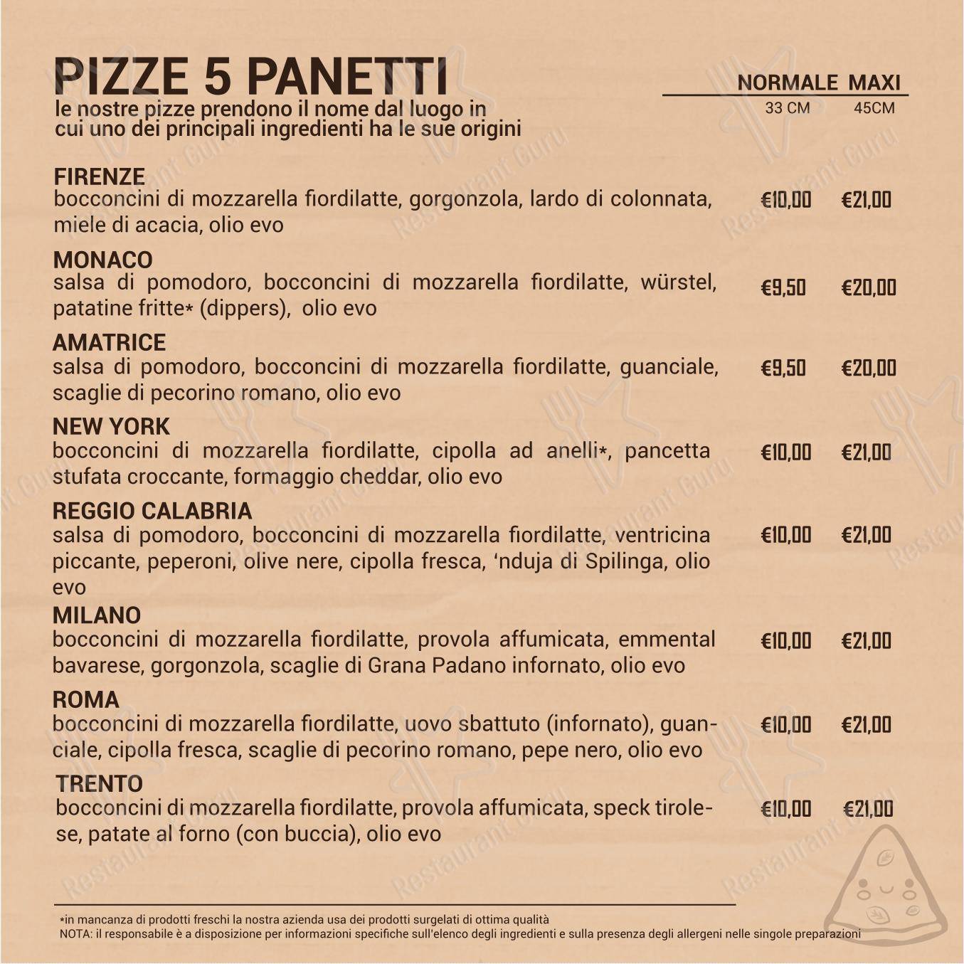 Menu di 5 Panetti pizzeria da asporto - Menu