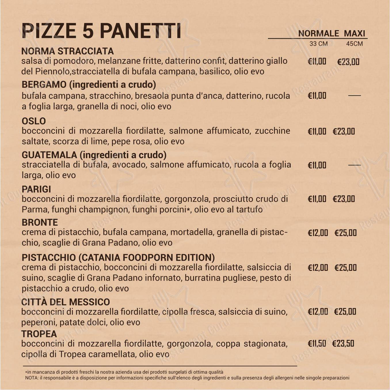 5 Panetti pizzeria da asporto in Catania - Menu