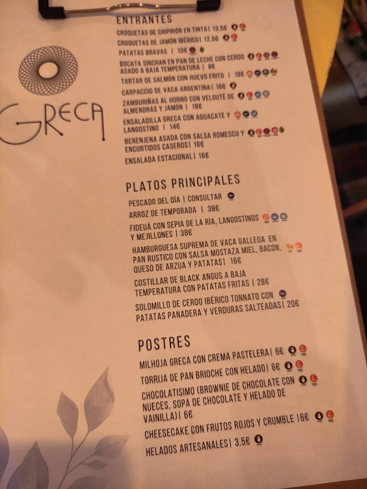 Carta del pub y bar Greca, La Coruña