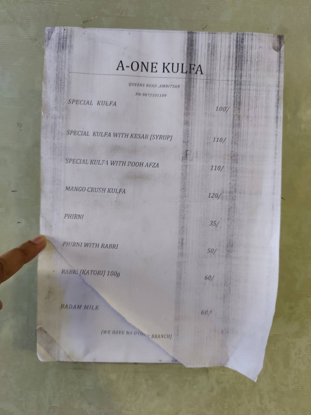 A One Kulfa menu