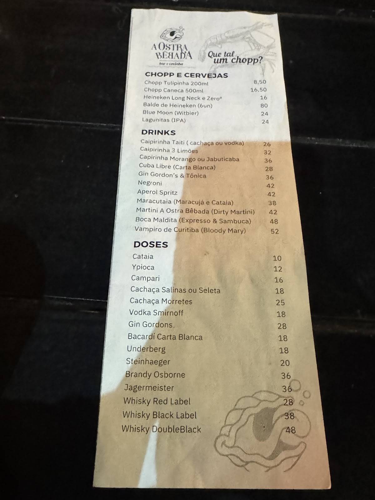 A Ostra Bêbada cardápio