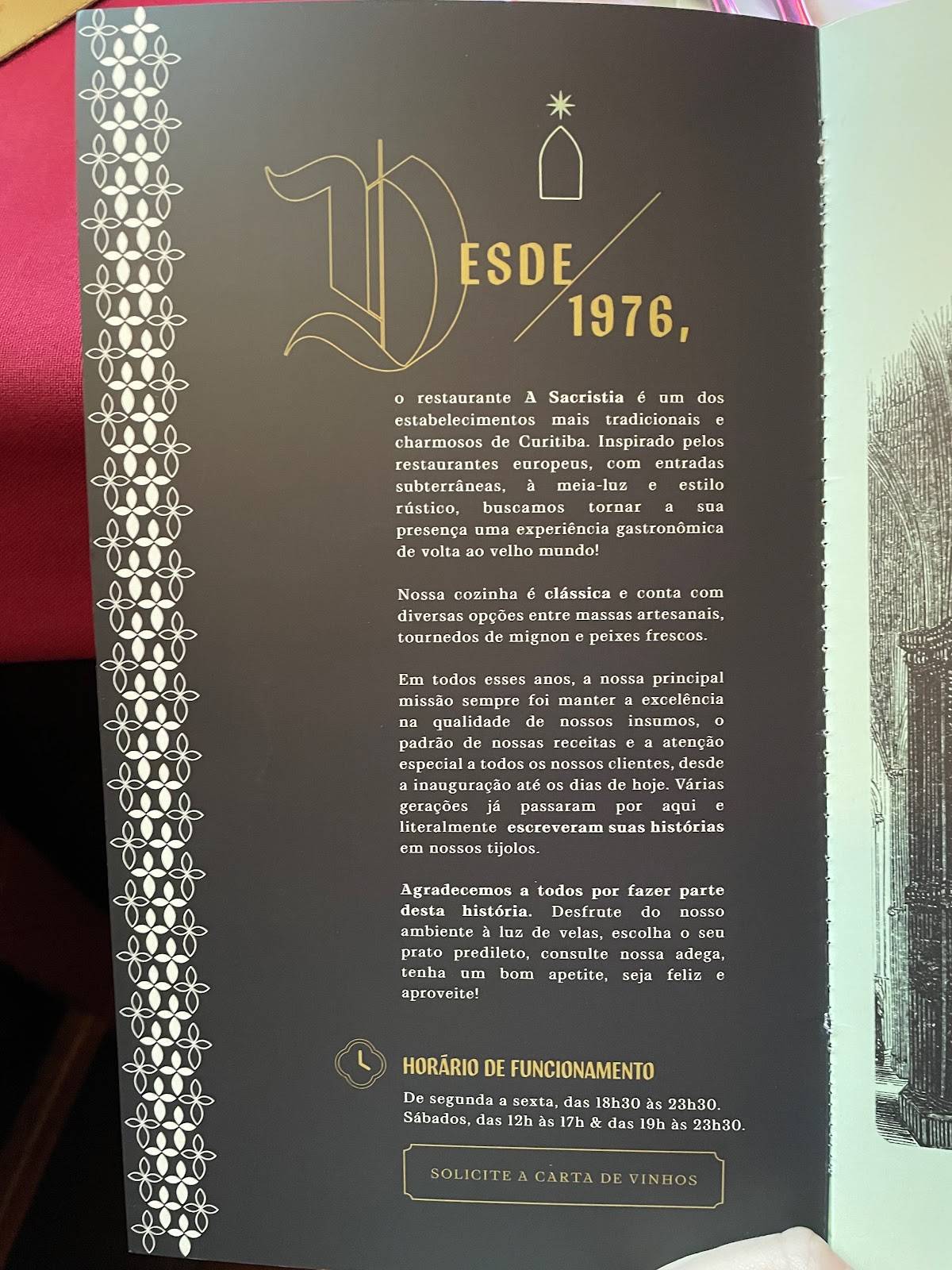 A Sacristia Restaurante cardápio