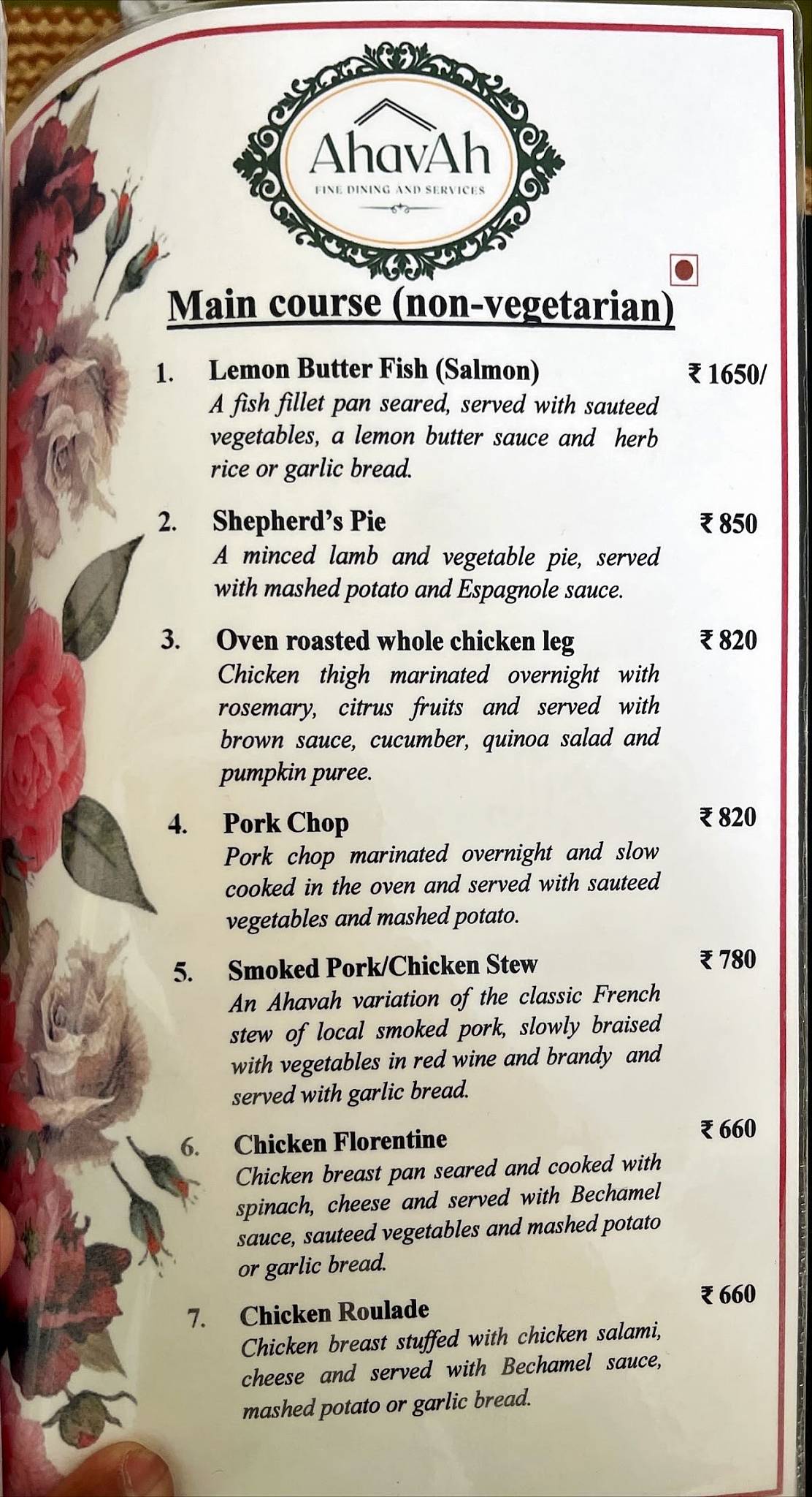 Ahavah Shillong menu