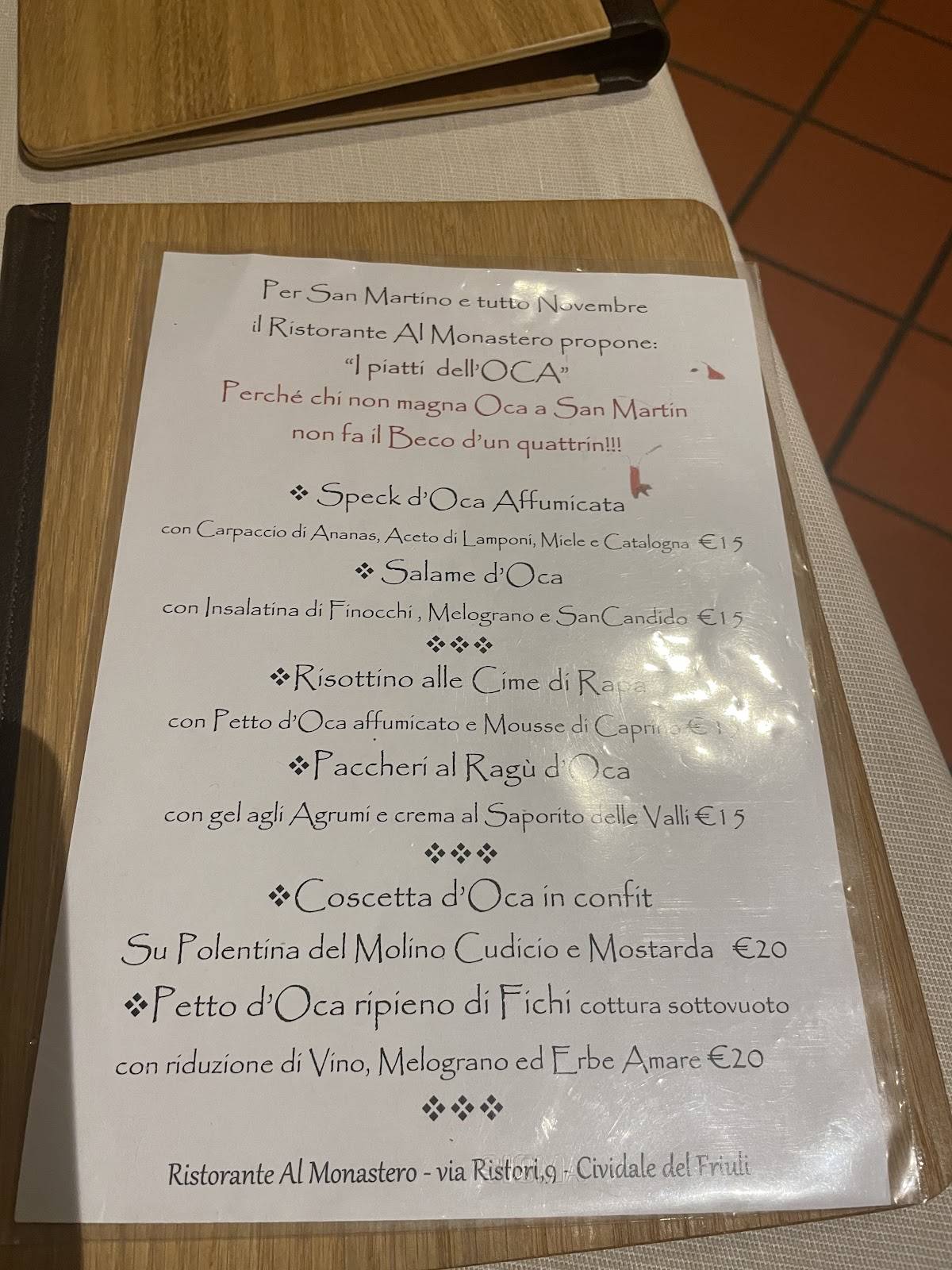 Menu di Al Monastero 