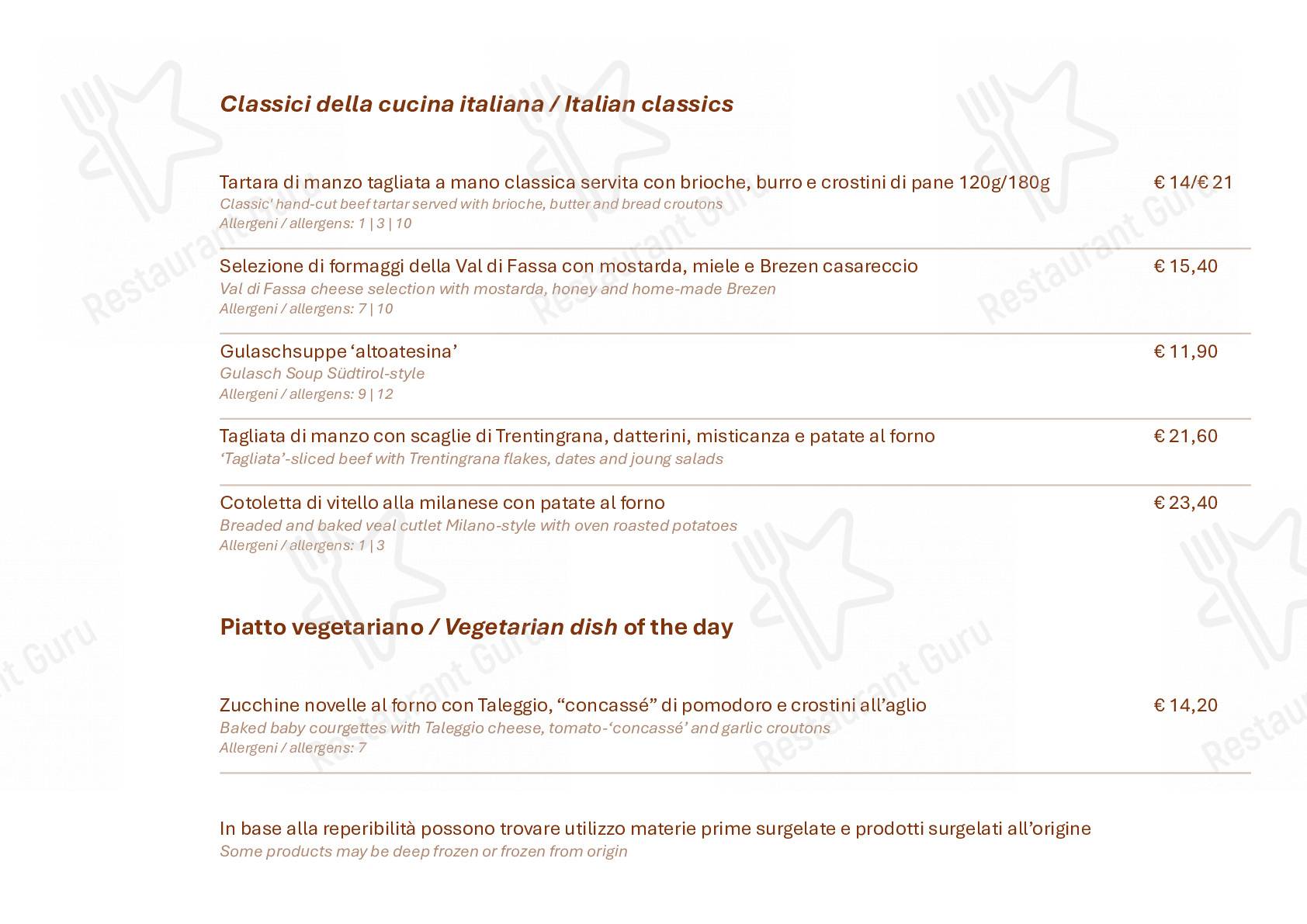 Menu di Al Sole - piatti e bevande