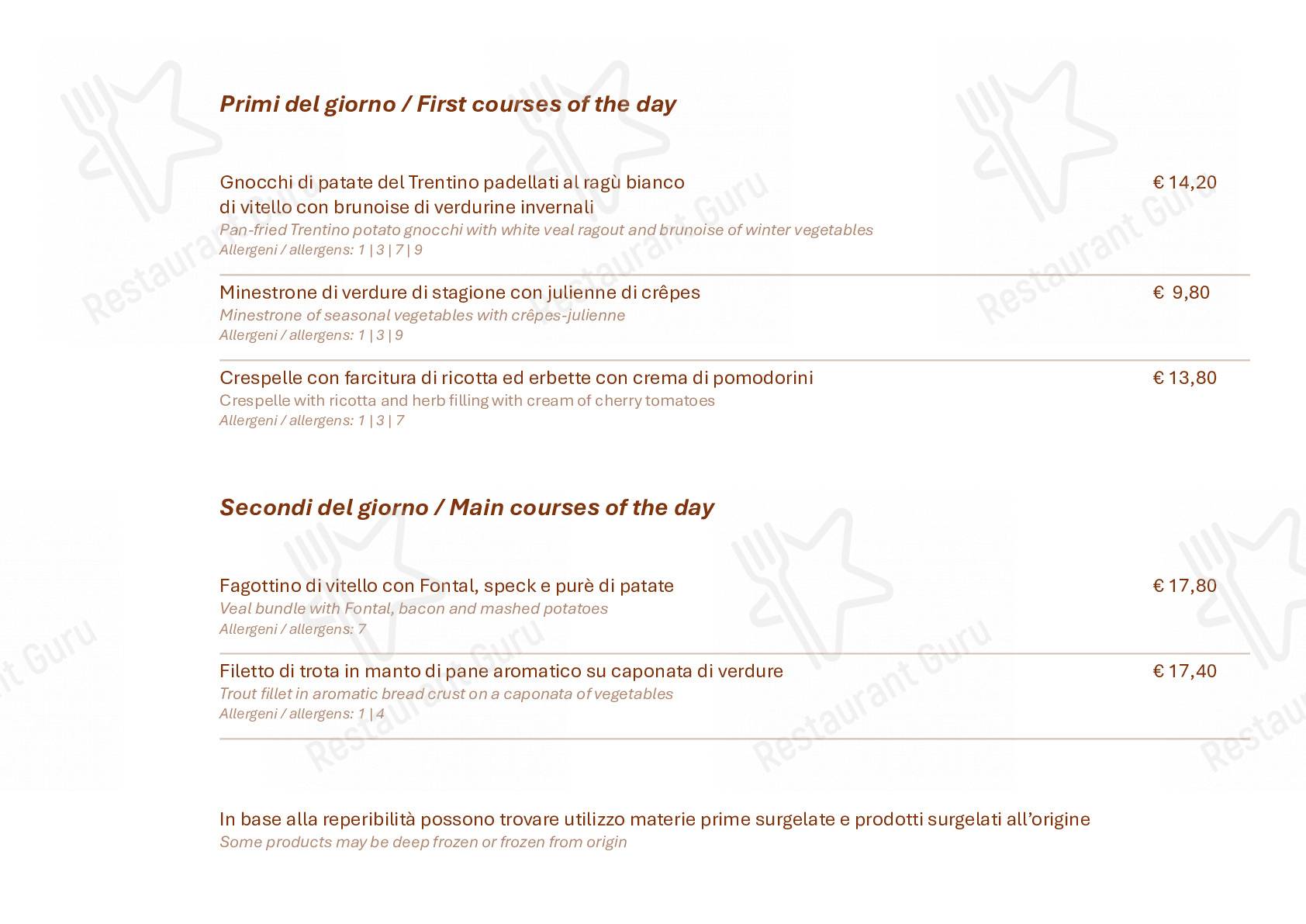 Menu di Al Sole - piatti e bevande