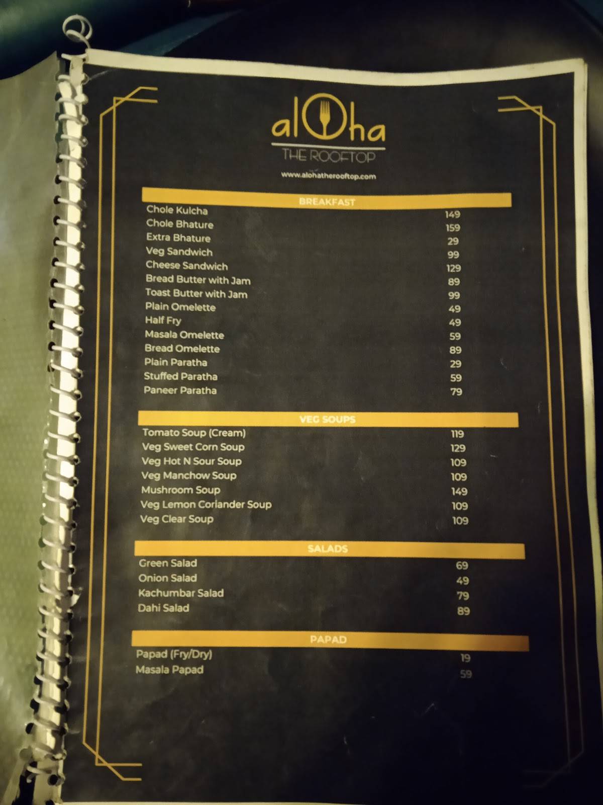 Aloha - The Rooftop Restaurant menu