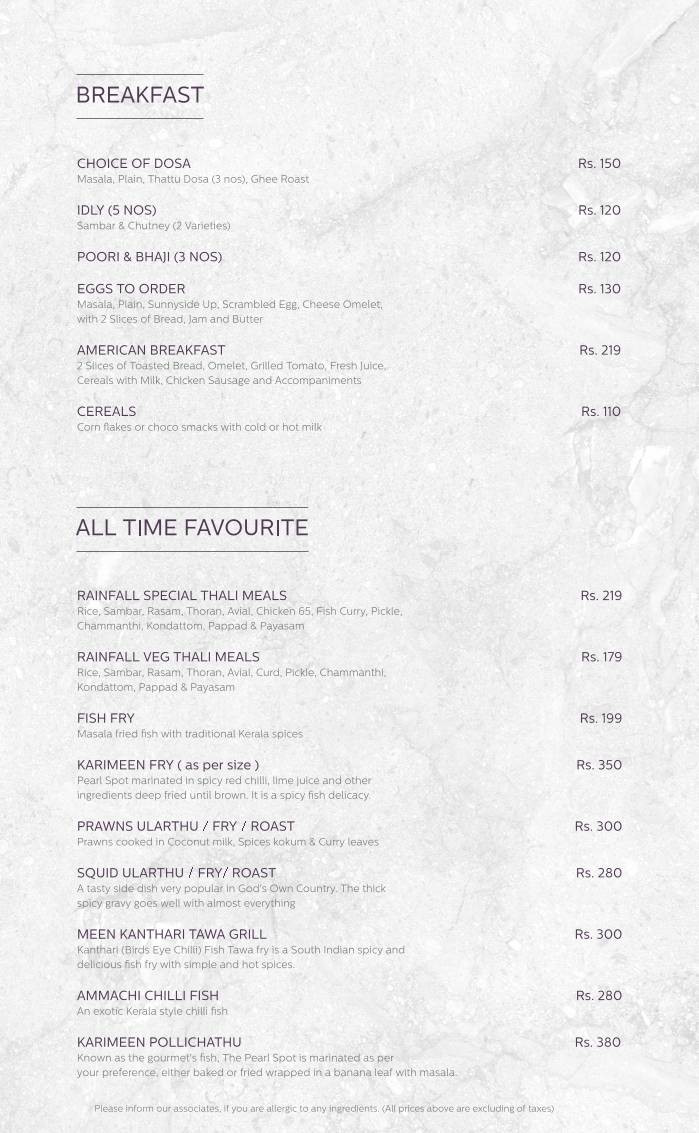 Rainfall Restaurant menu