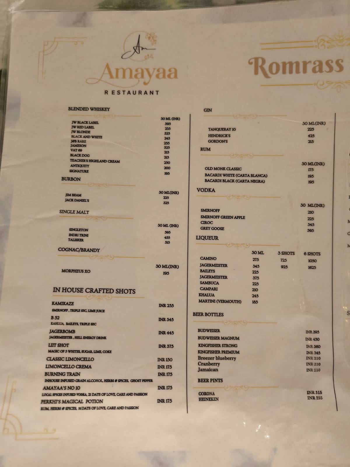 Amayaa Restaurant menu