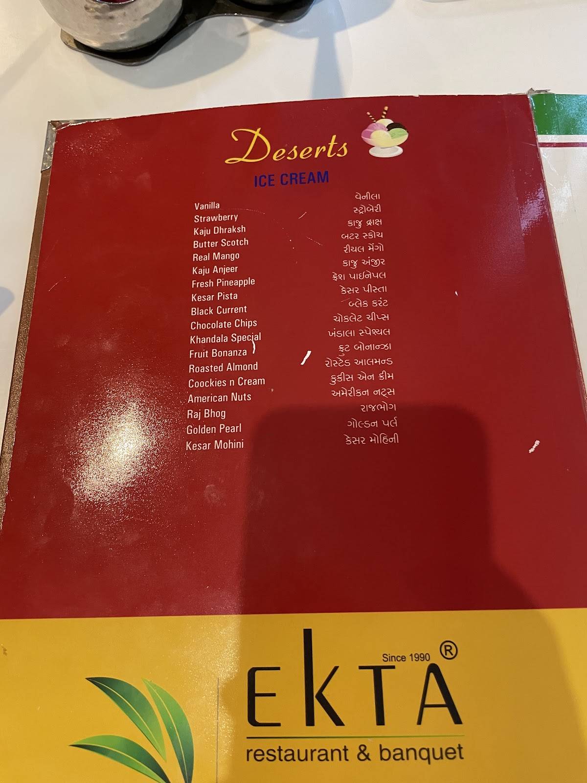 Ekta Restaurant, Rooms & Banquet - Anand menu