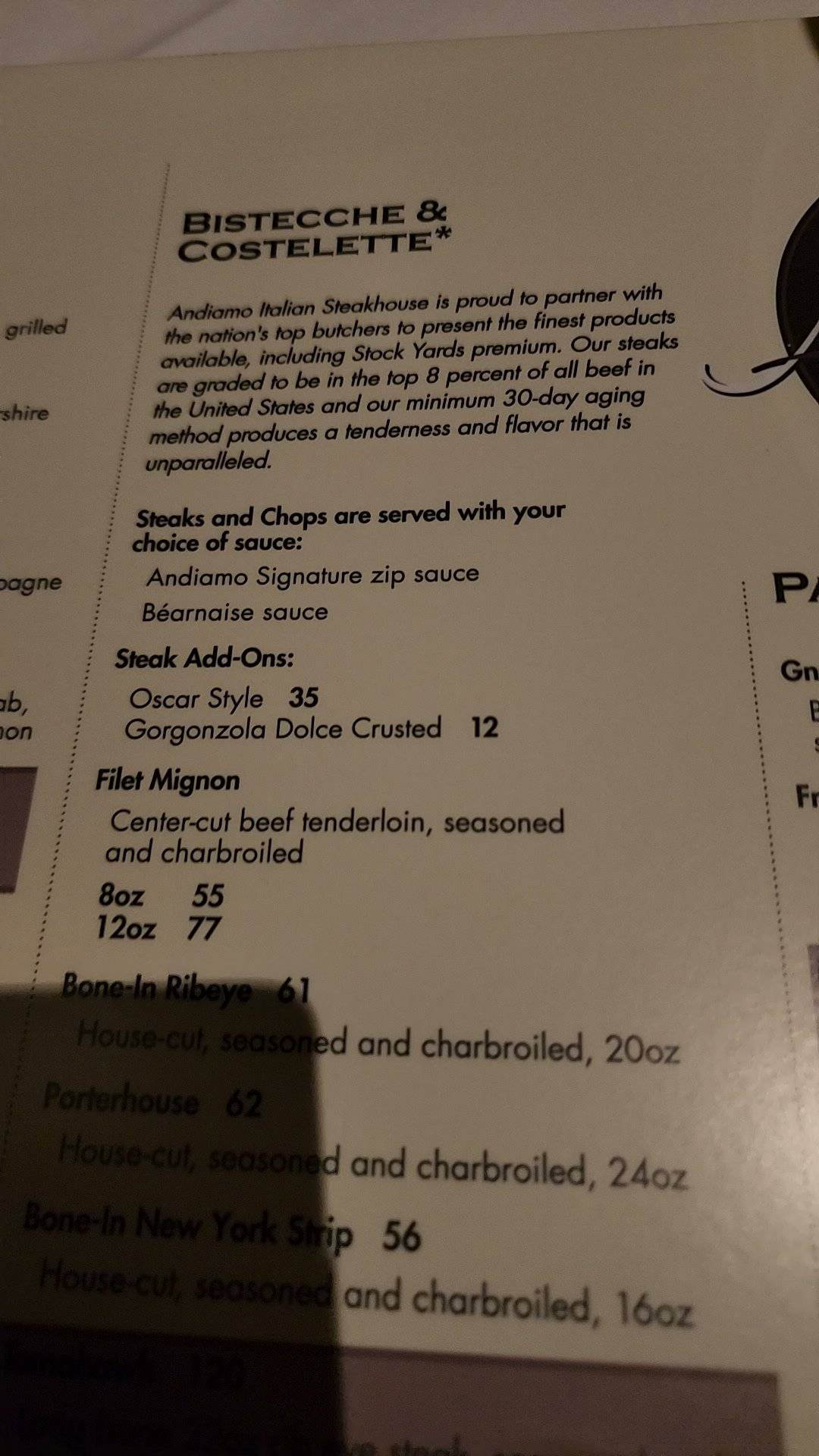Menu at Andiamo Steakhouse, Las Vegas