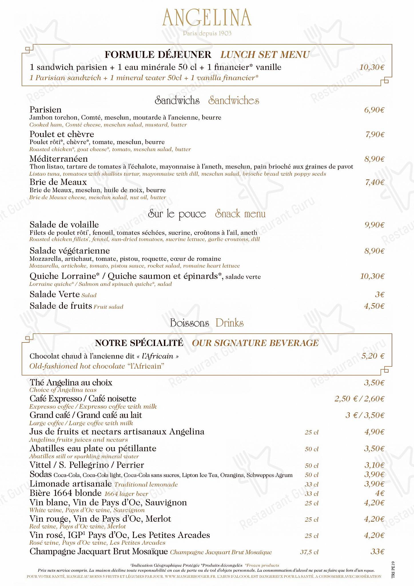 Menu at Angelina Paris restaurant, Versailles, Allée des 2