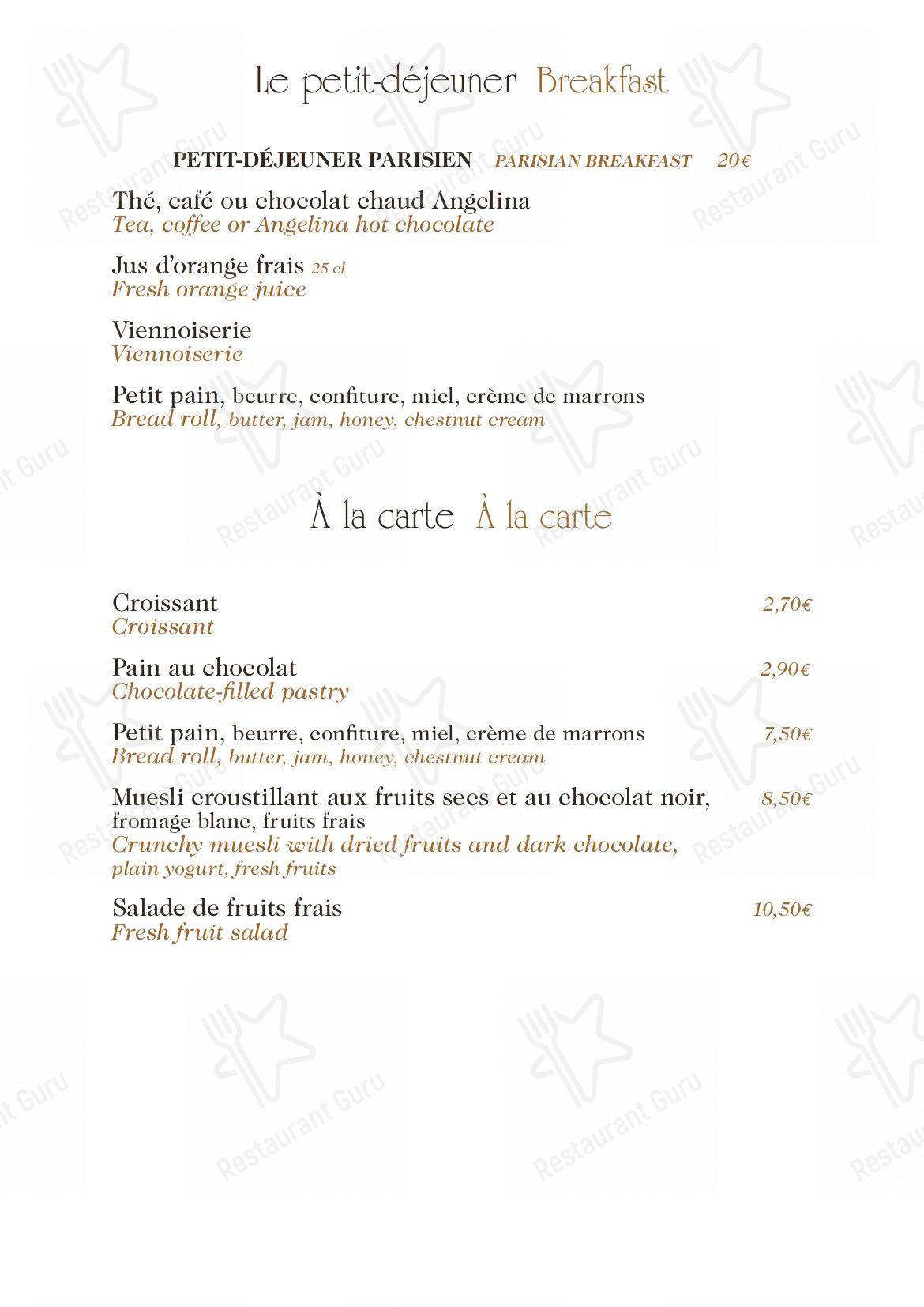 Menu pour Angelina Paris – Château de Versailles, Salon de thé-restaurant - Menu