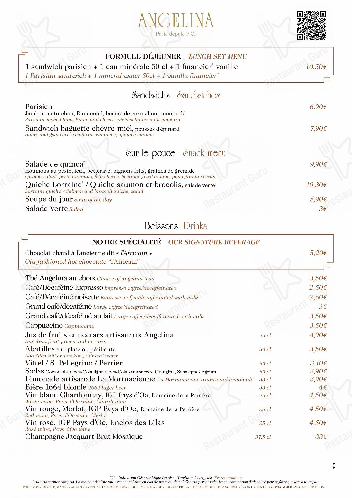 Menu at Angelina Paris restaurant, Versailles, Allée des 2