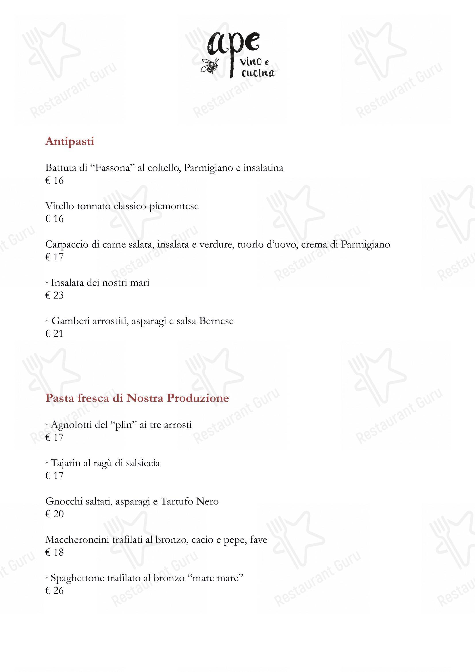 Menu di Ape Vino e Cucina - Alba - Menu bar