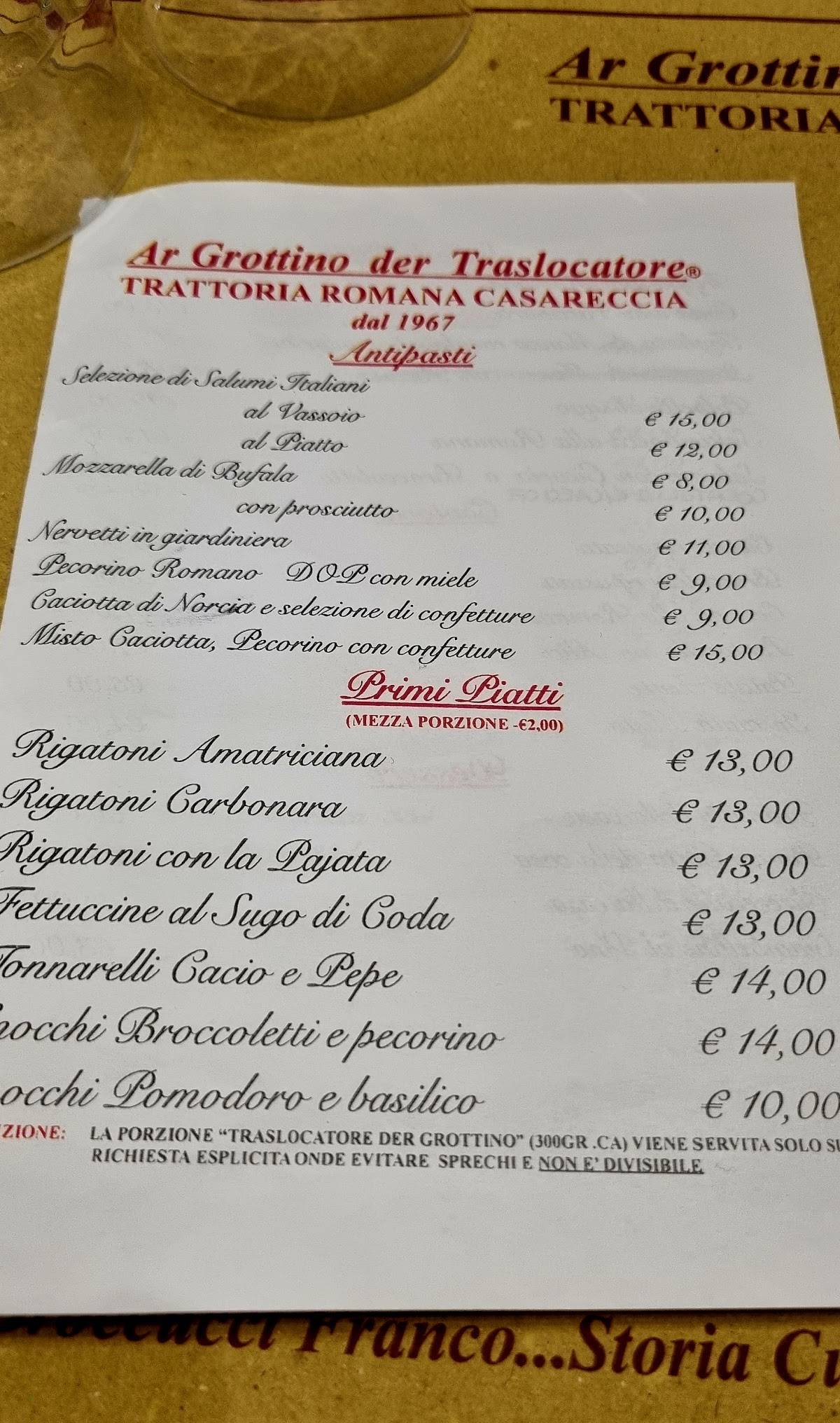 Menu di Ar Grottino der Traslocatore 