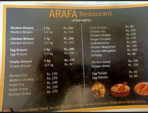 Arafah Briyani Restaurant menu