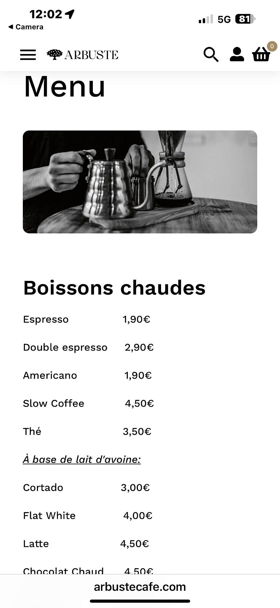 Menu de Arbuste Café Caen