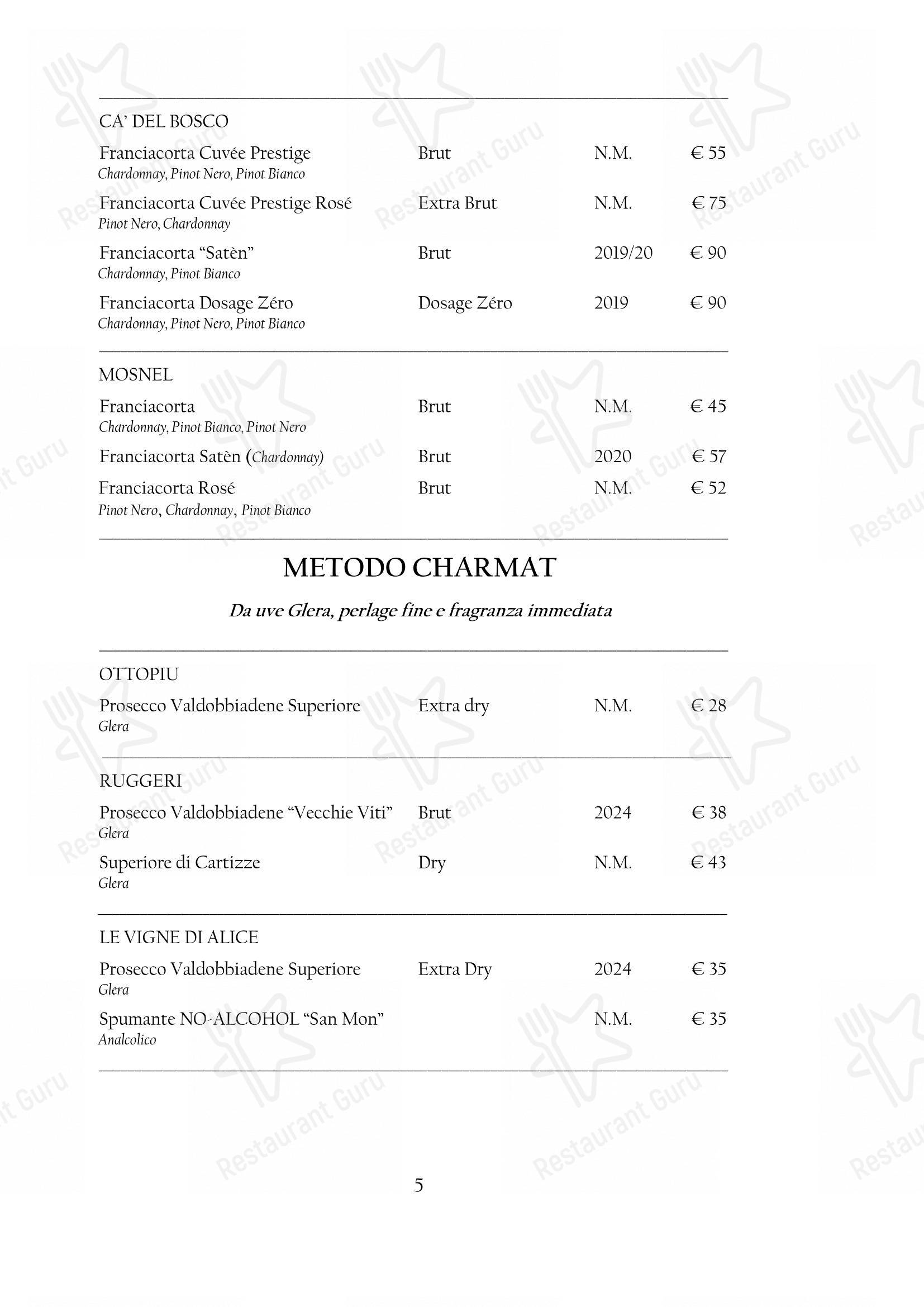 Menu pour Arcadia dans Turin