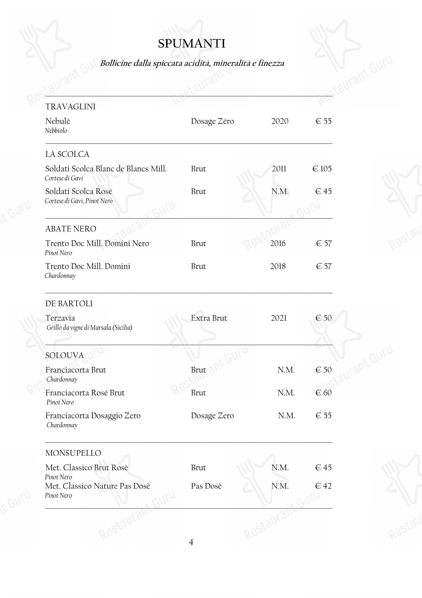 Menu pour Arcadia dans Turin