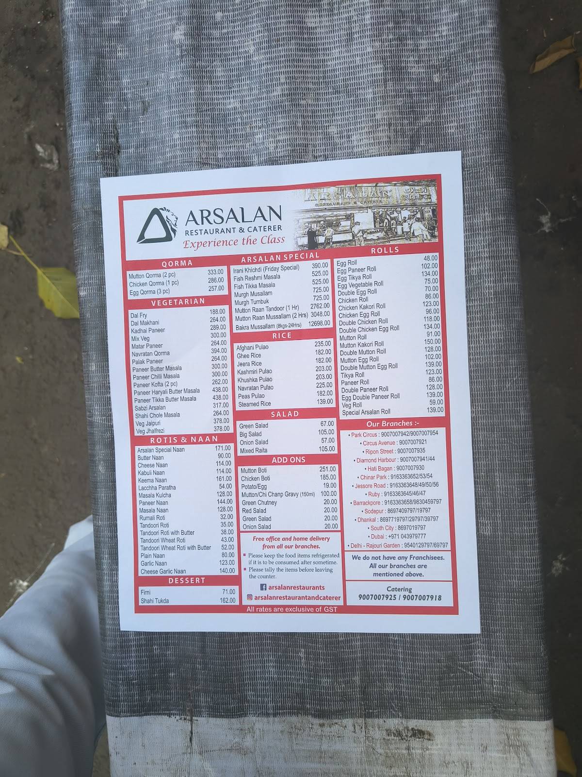 Arsalan Restaurant & Caterer menu