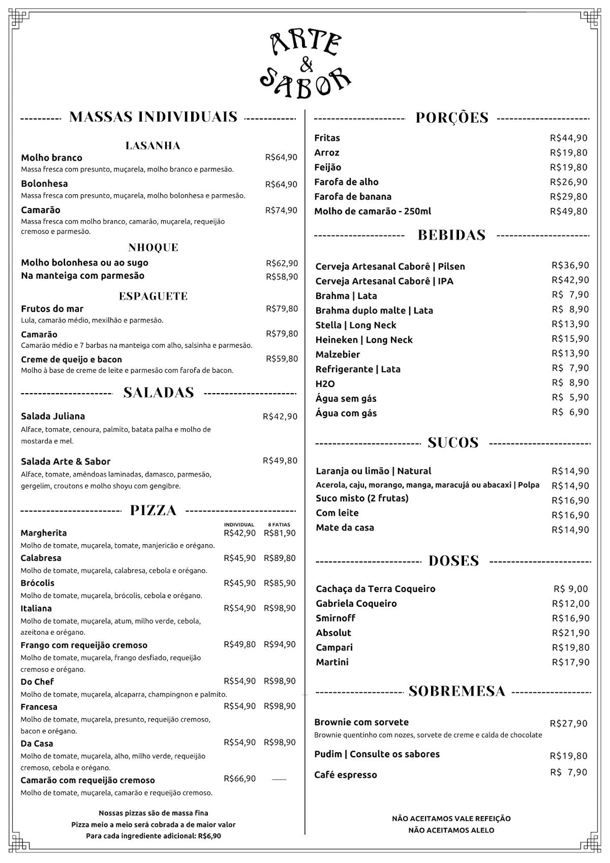 Restaurante Arte e Sabor cardápio