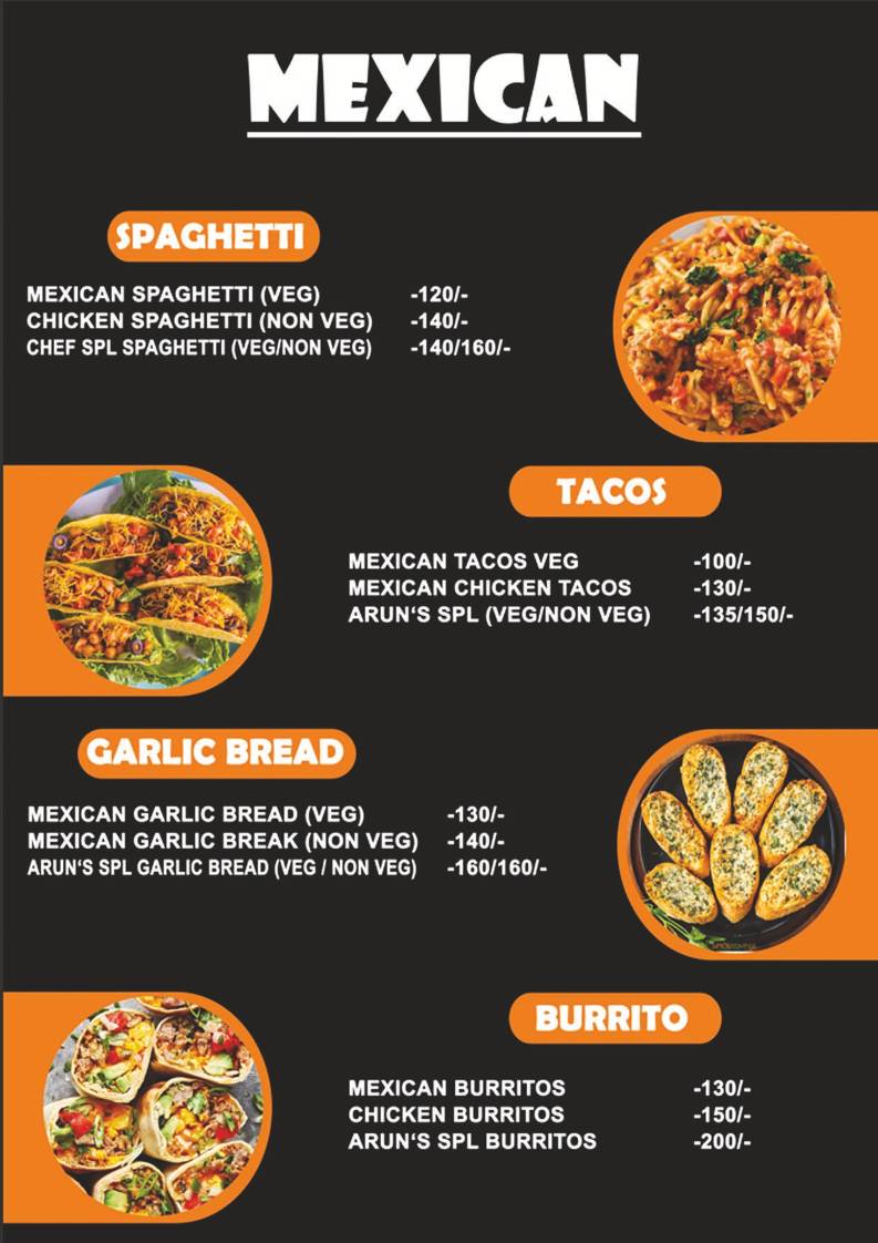 Arun's Restro and Cafe menu