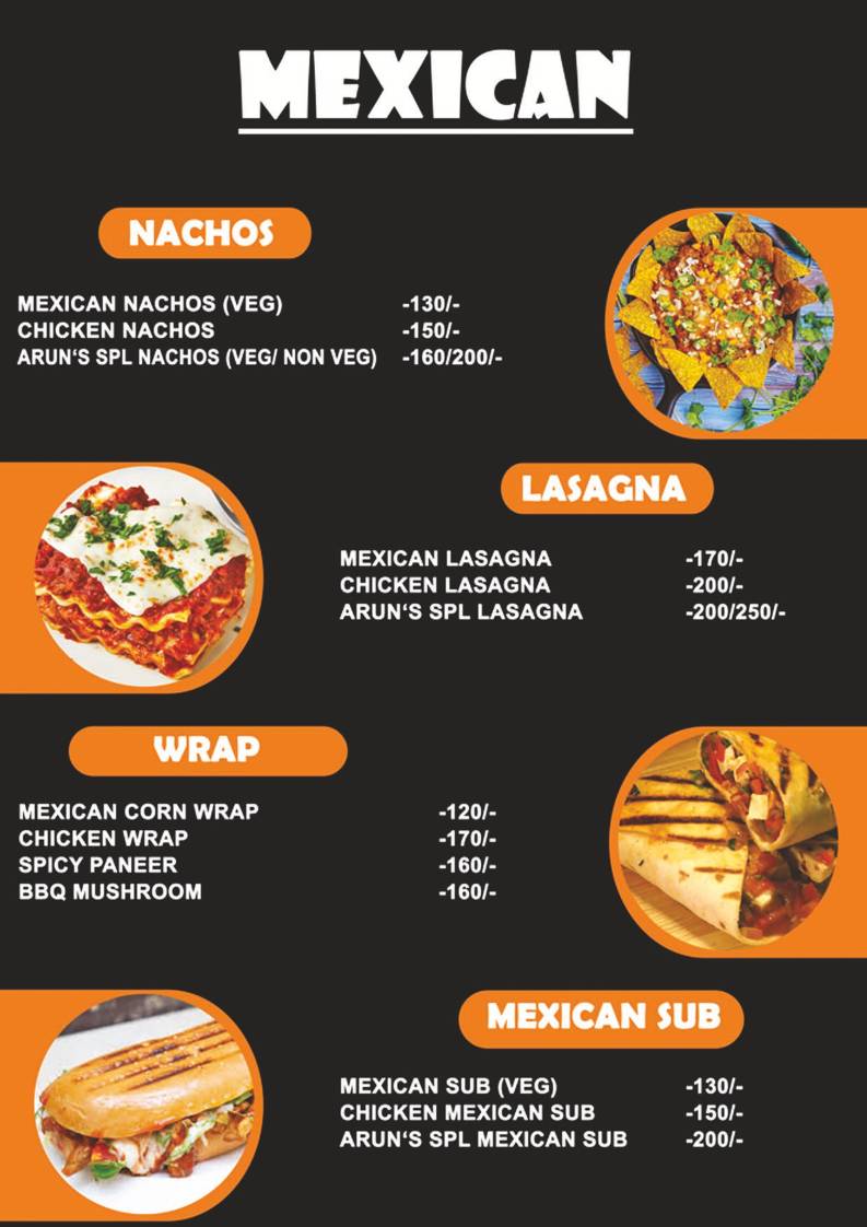 Arun's Restro and Cafe menu