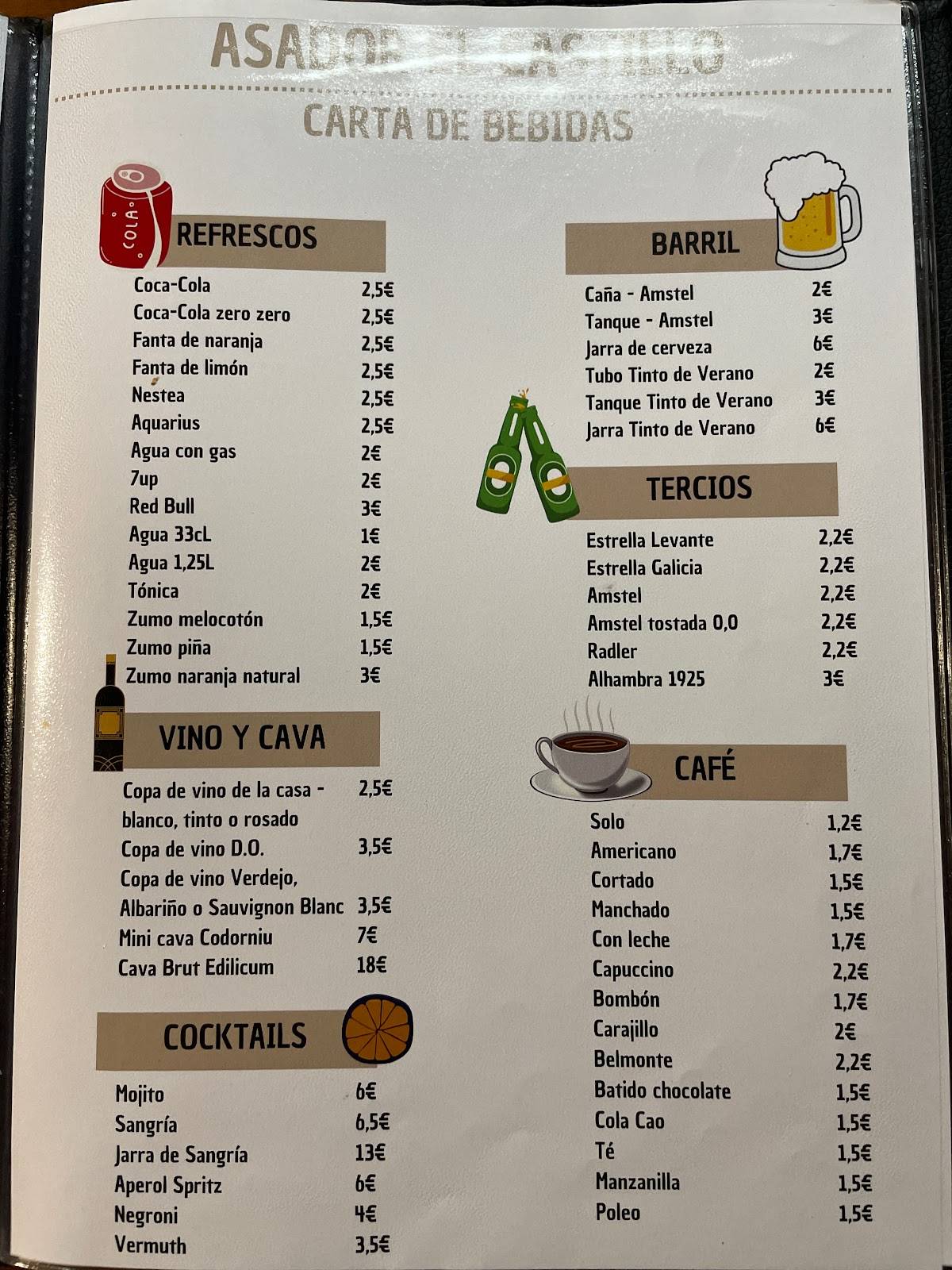 Carta de Restaurante Asador El Castillo, San Juan de los Terreros, Jaun