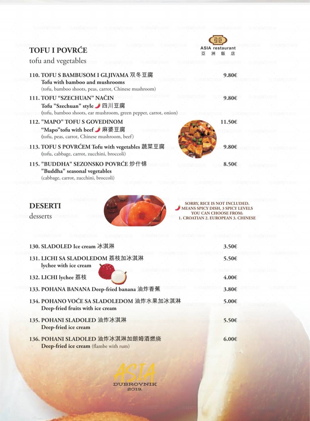 Menu di Asia restaurant Dubrovnik 