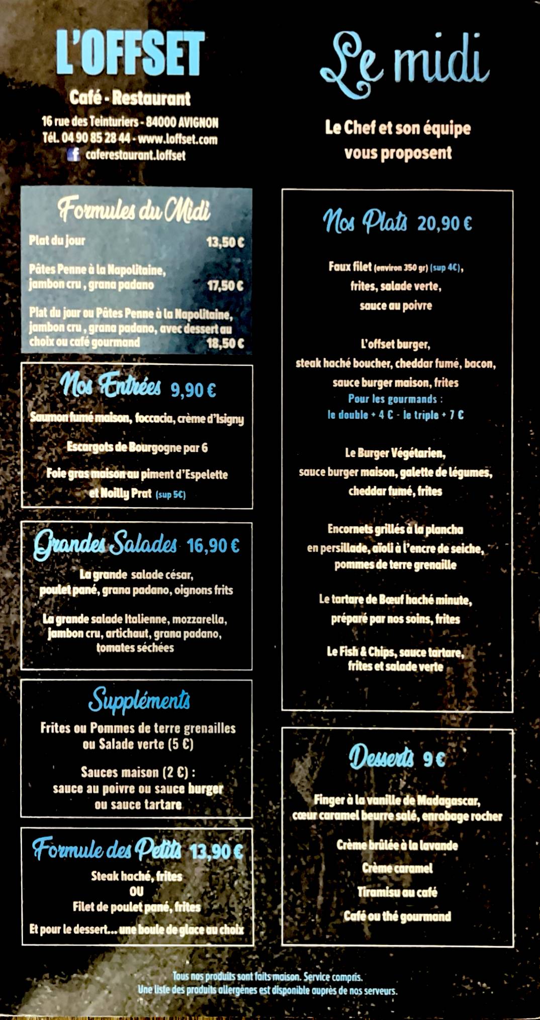 Menu de L'Offset : Restaurant à Avignon rue des teinturiers