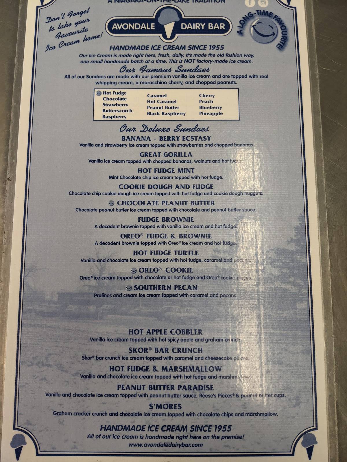 Menu at Avondale Dairy Bar, NiagaraontheLake, 461 Stewart Rd
