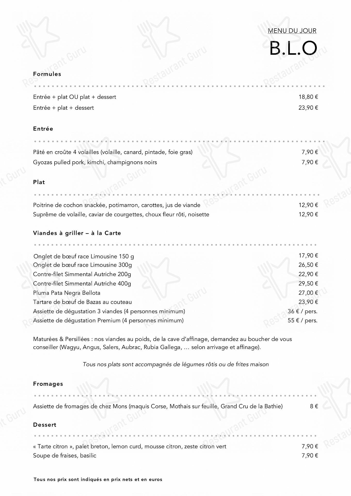 Menu pour B.L.O - repas et boissons