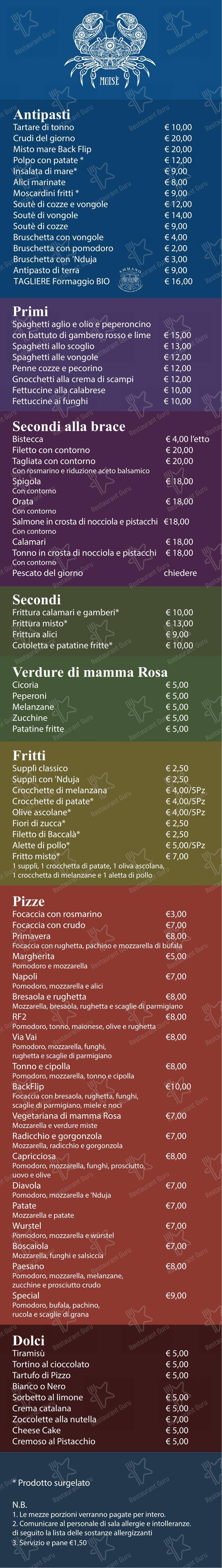 Menu per Back Flip Da Moisè in Fregene