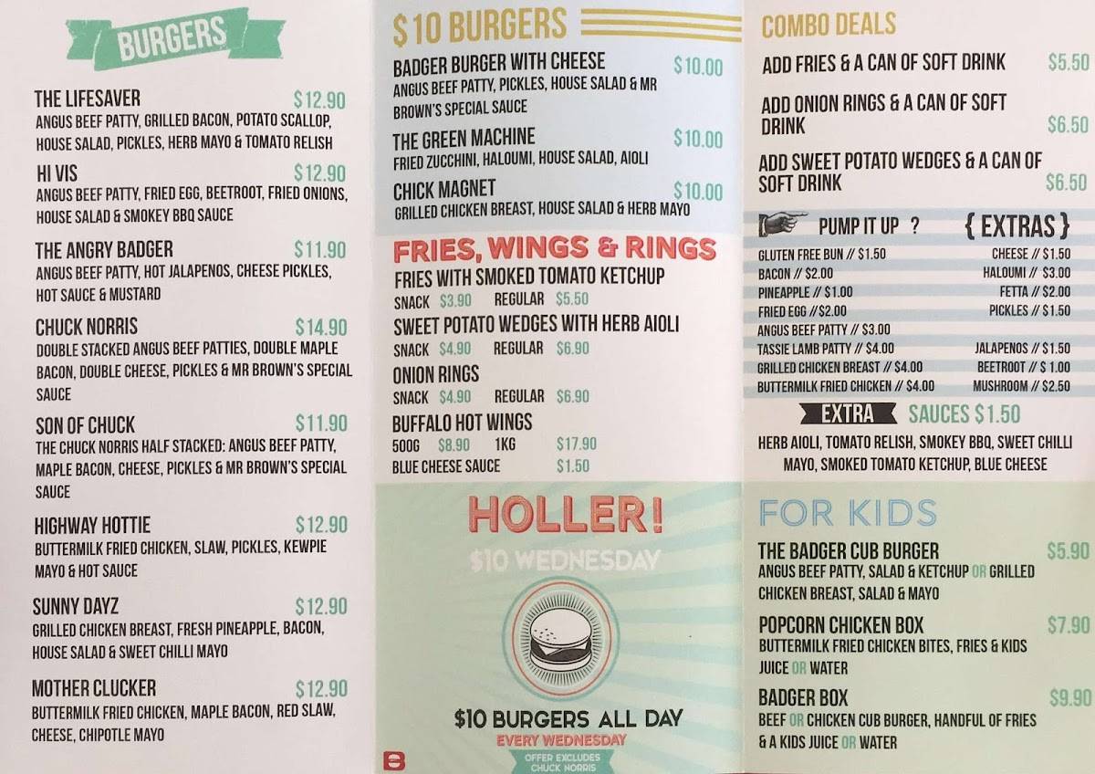 Menu at Badger & Brown's Burgerie fast food, Hervey Bay
